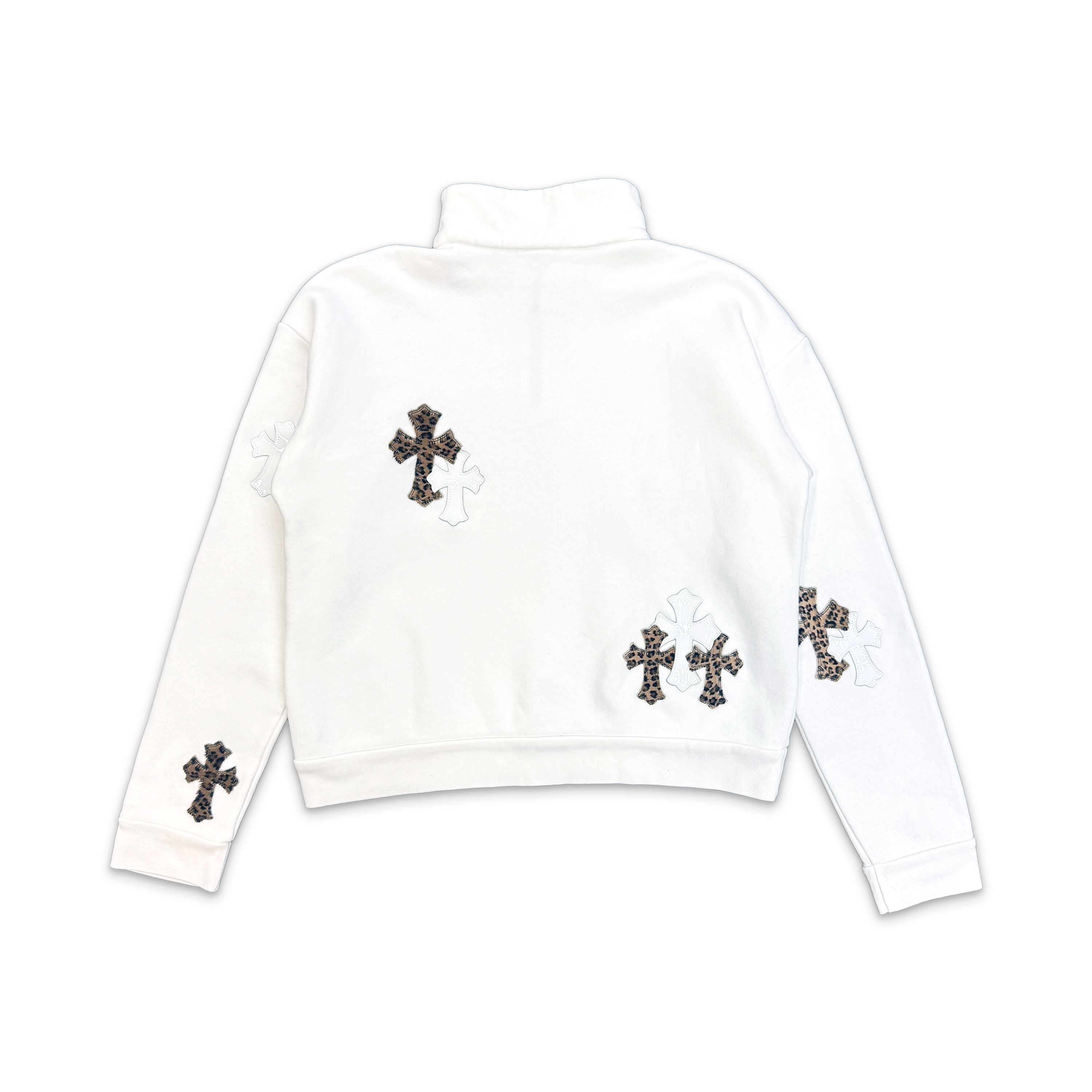 Chrome Hearts, White & Leopard Cross Patch Quarter Zip Sweatshirt "White"