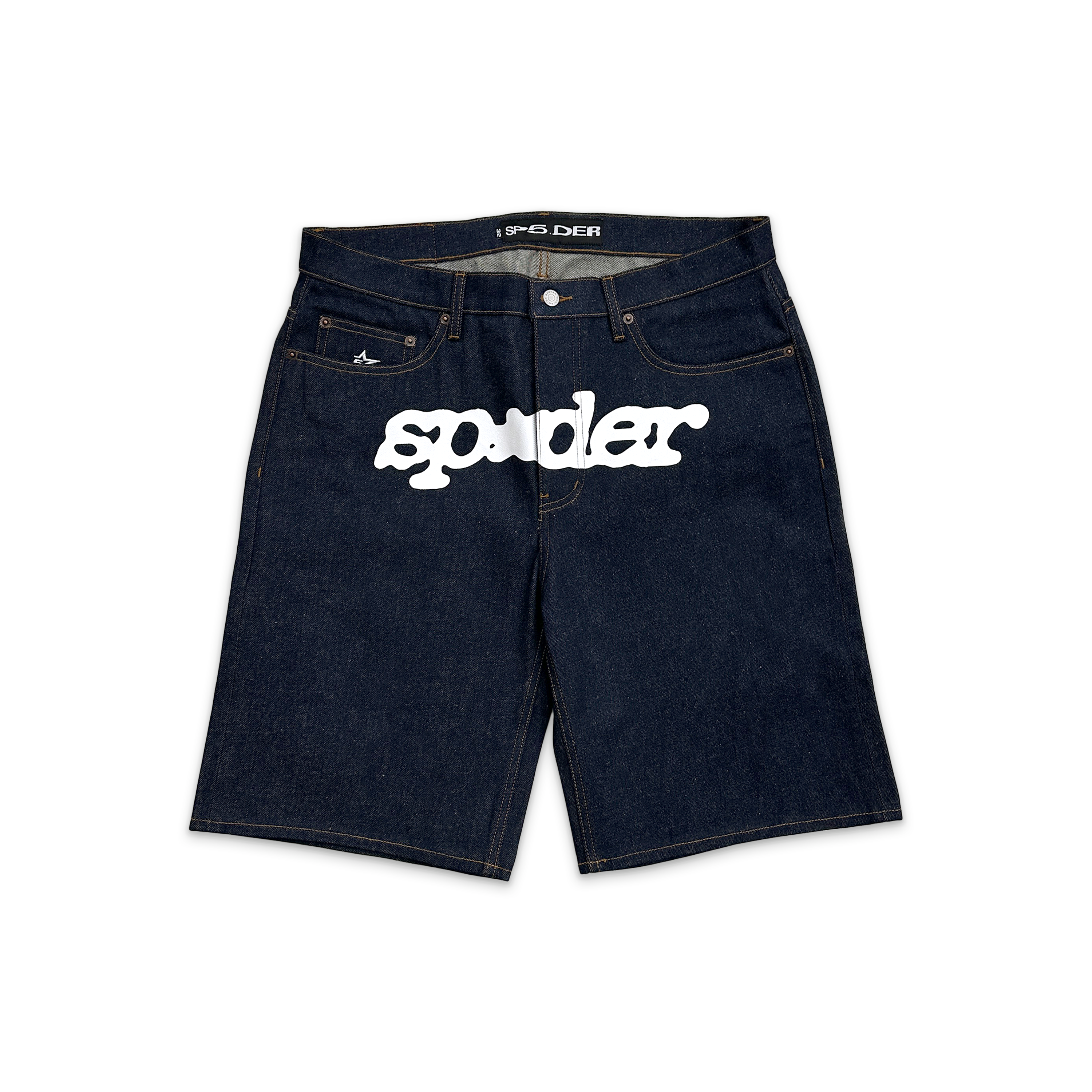 Sp5der, V3 Logo Denim Shorts "Raw Indigo"