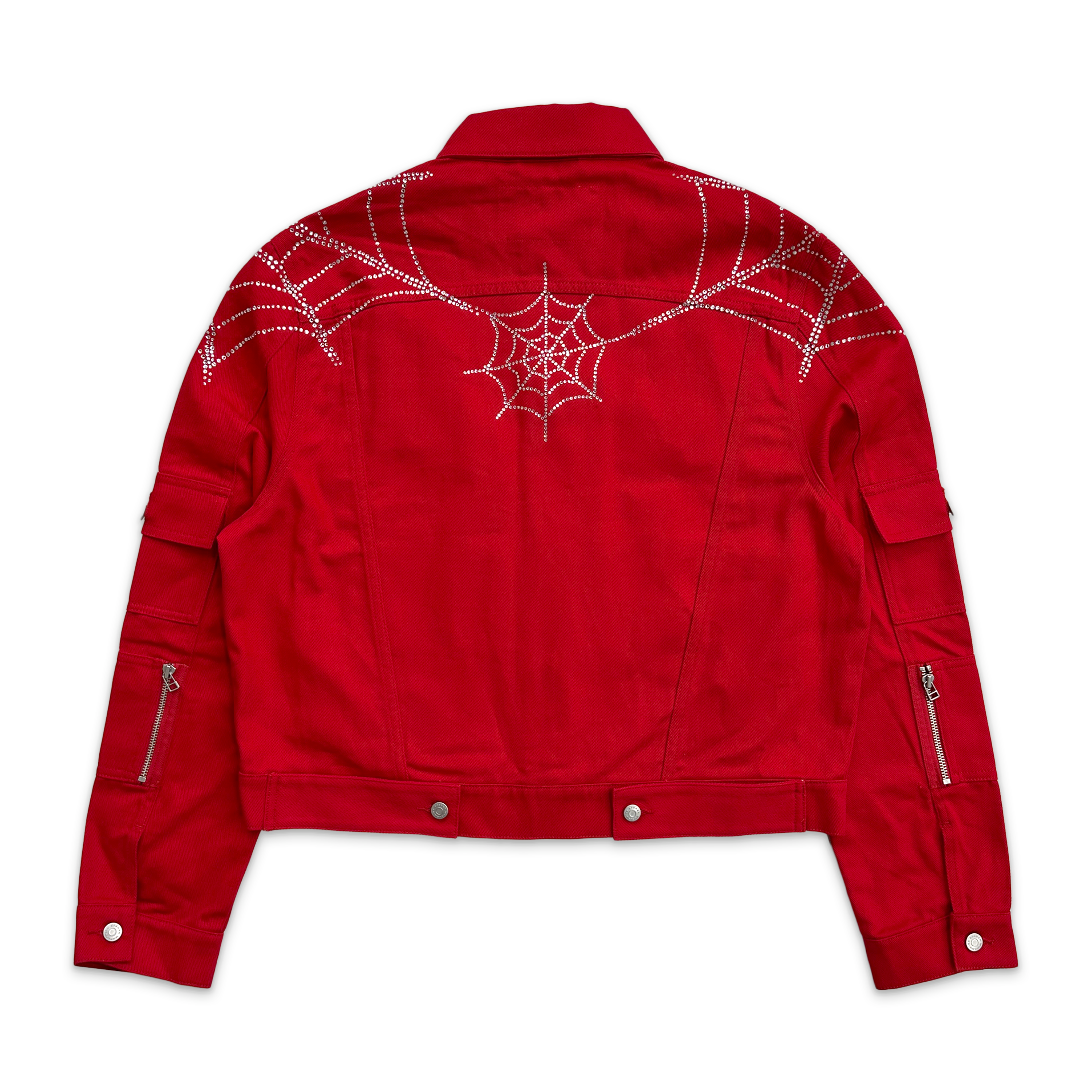 Sp5der, Crystal Web Denim Cropped Trucker Jacket "Red"