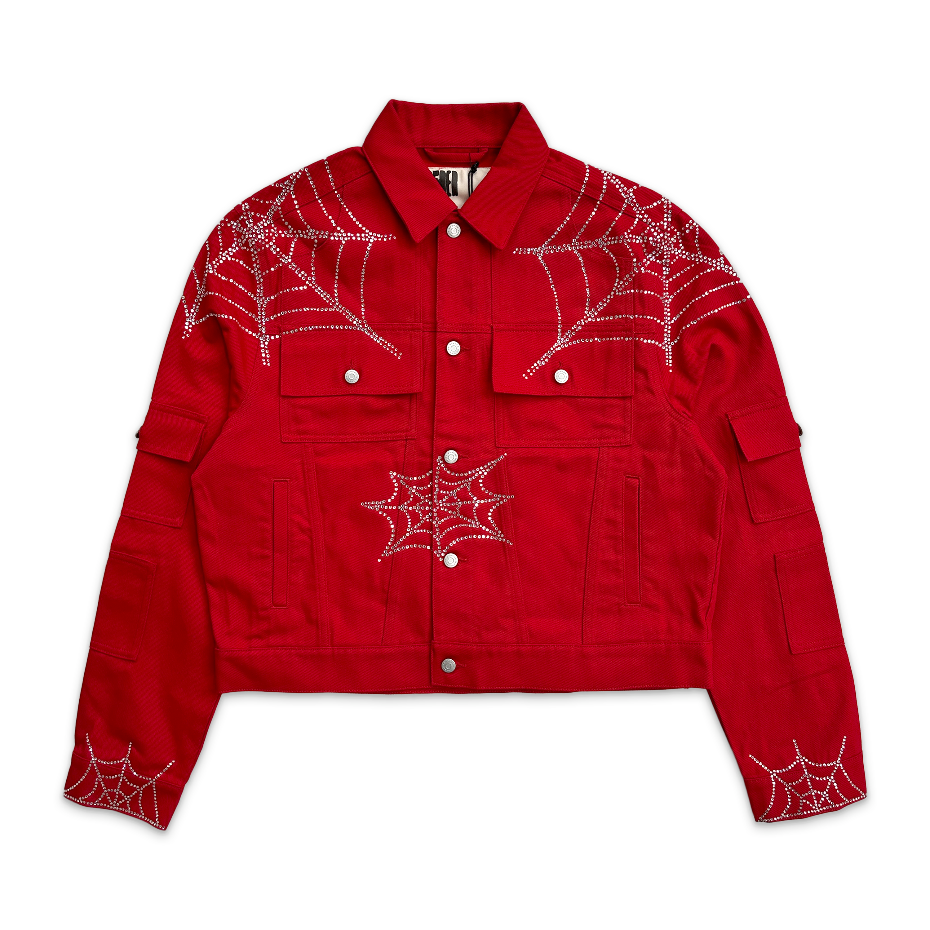 Sp5der, Crystal Web Denim Cropped Trucker Jacket "Red"