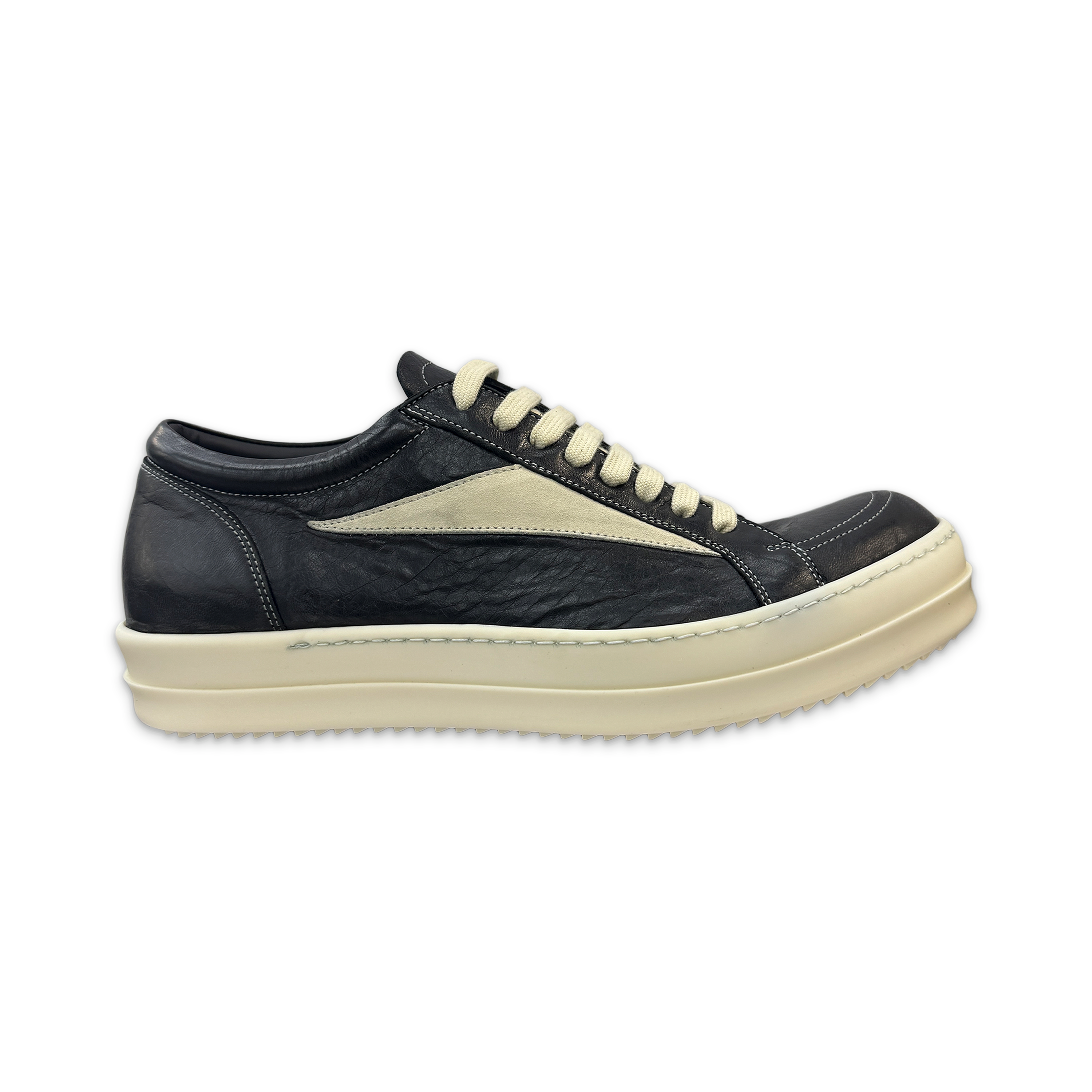 Rick Owens, Temple Tumbled Leather Vintage Sneaks Low "Black Milk"