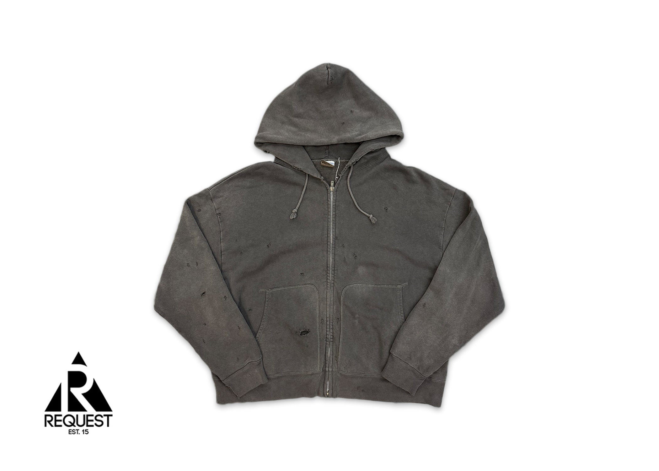Saint Michael, Distressed Cotton-Jersey Zip-Up Hoodie "Washed Black"