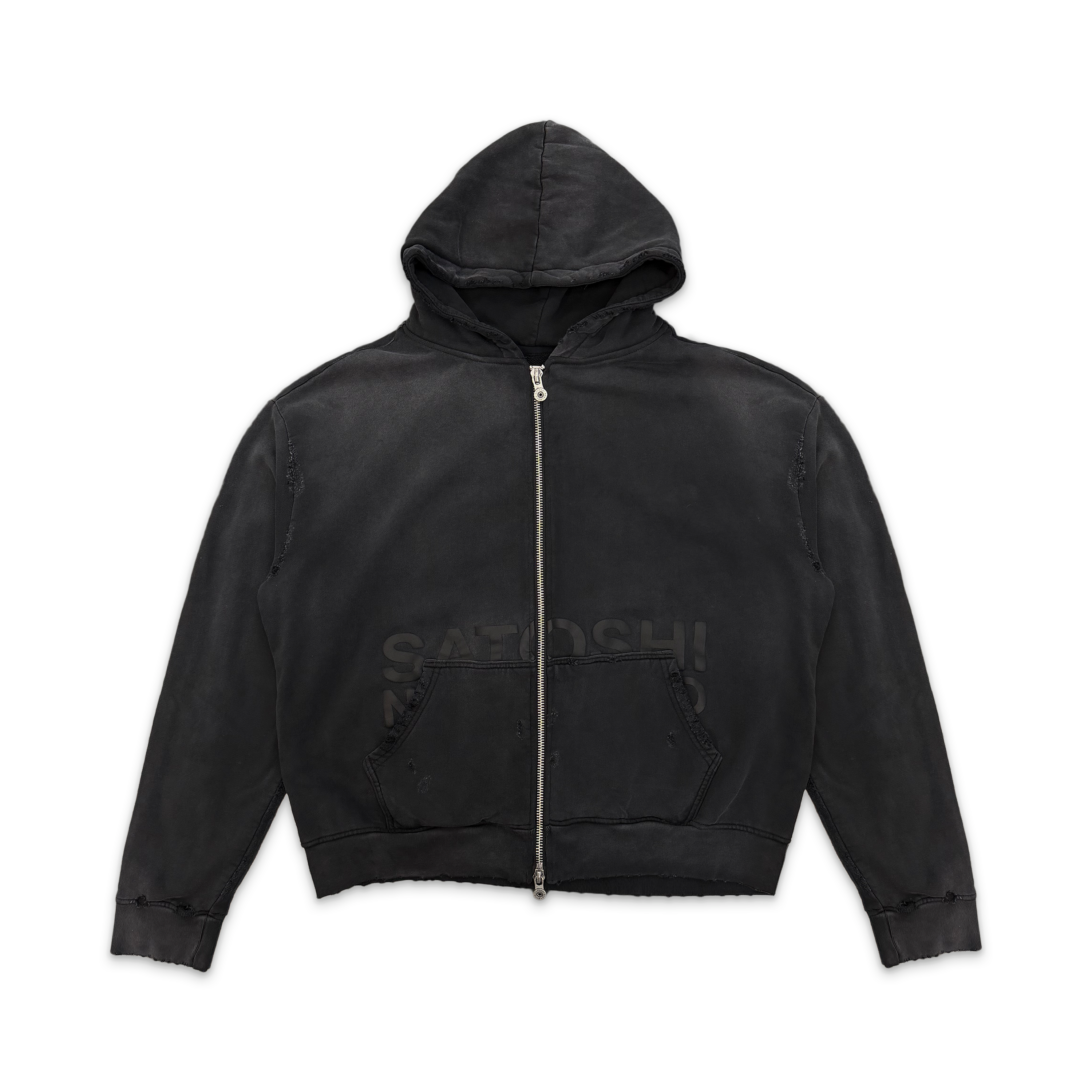 Satoshi Nakamoto, Elliott Zip Up Distressed Hoodie "Washed Black"