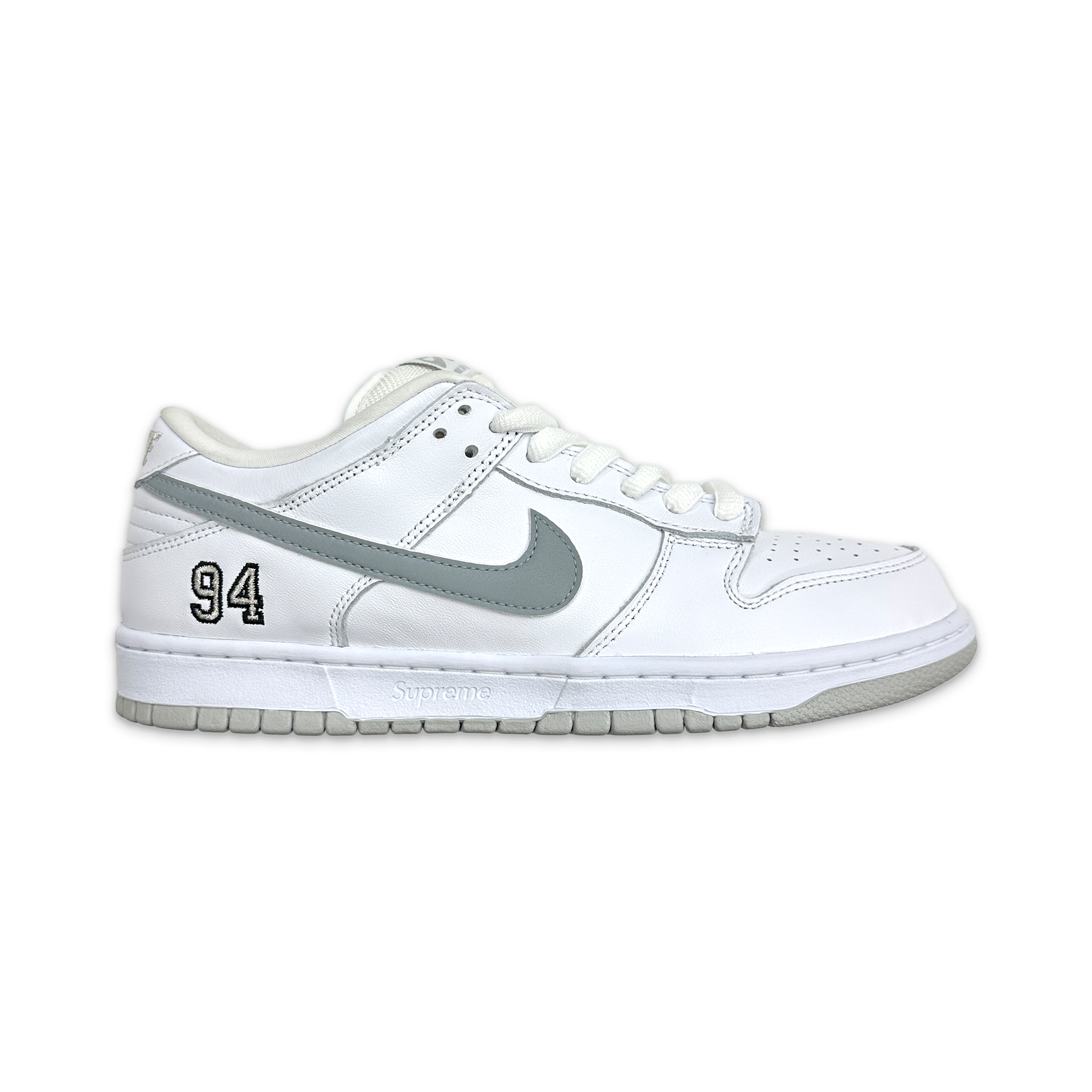 SB Dunk Low Supreme 94 "White Metallic Silver"