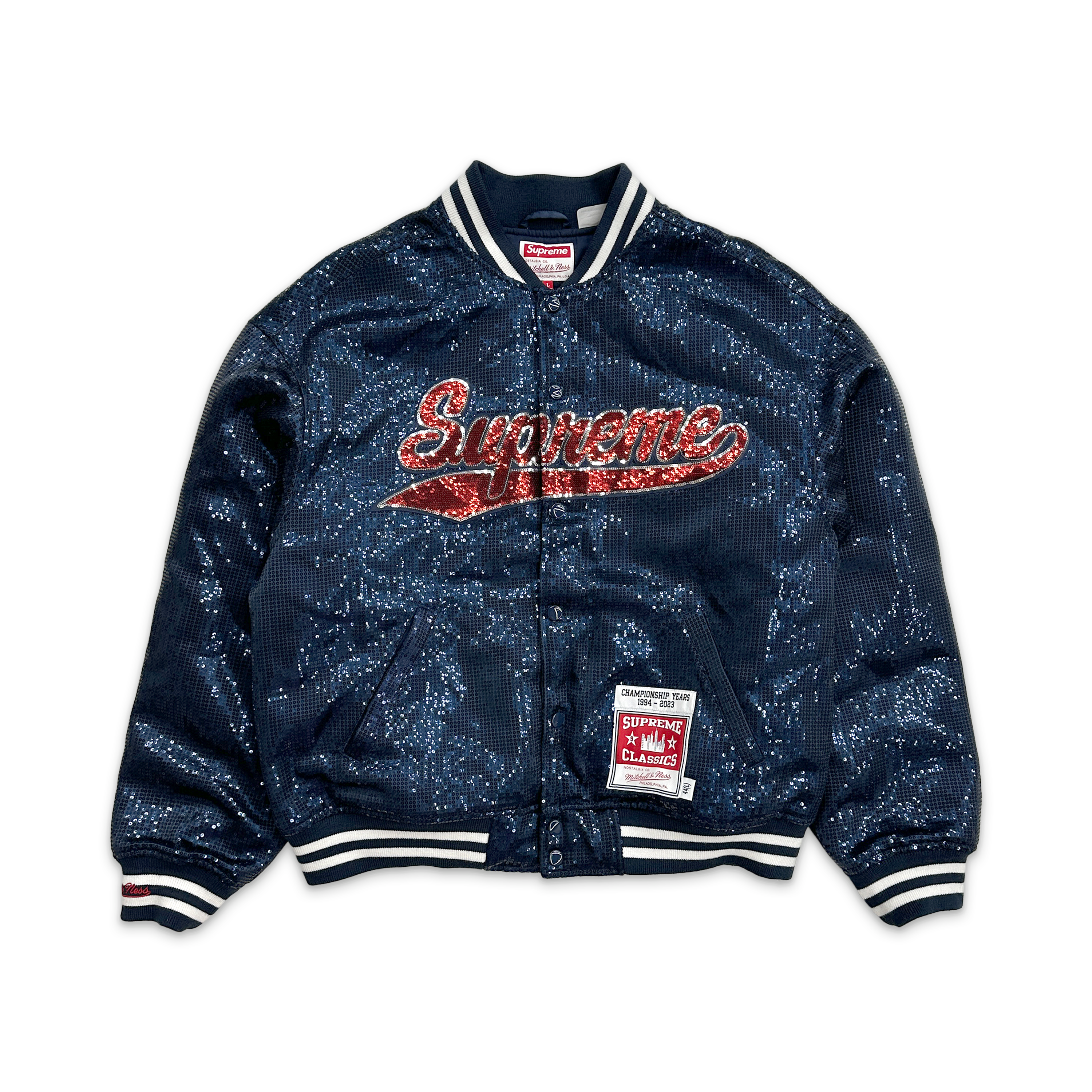 Supreme, Mitchell & Ness Sequin Varsity Jacket “Navy”