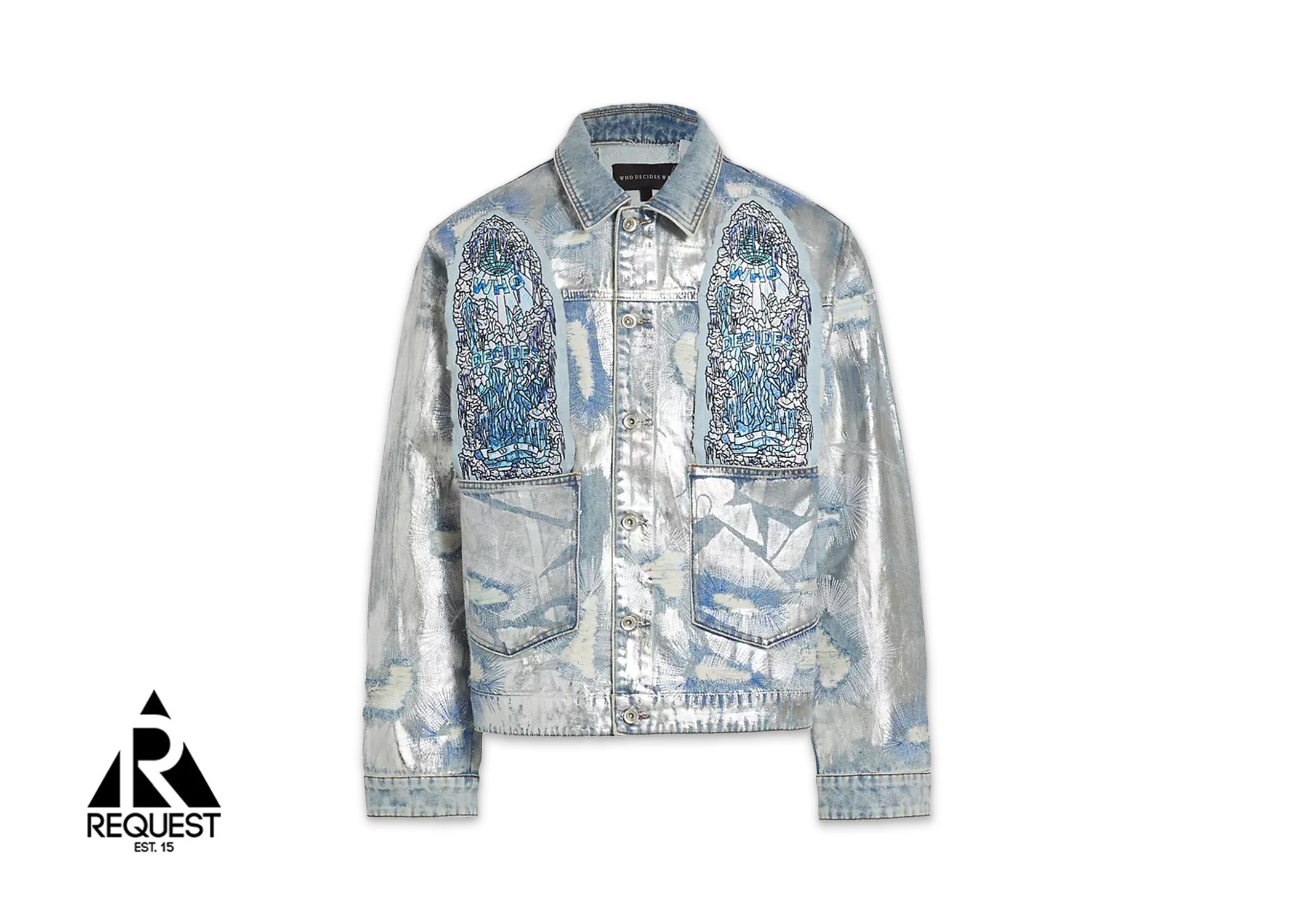 Who Decides War Heavy Metal Denim Trucker Jacket "Sky/Silver"