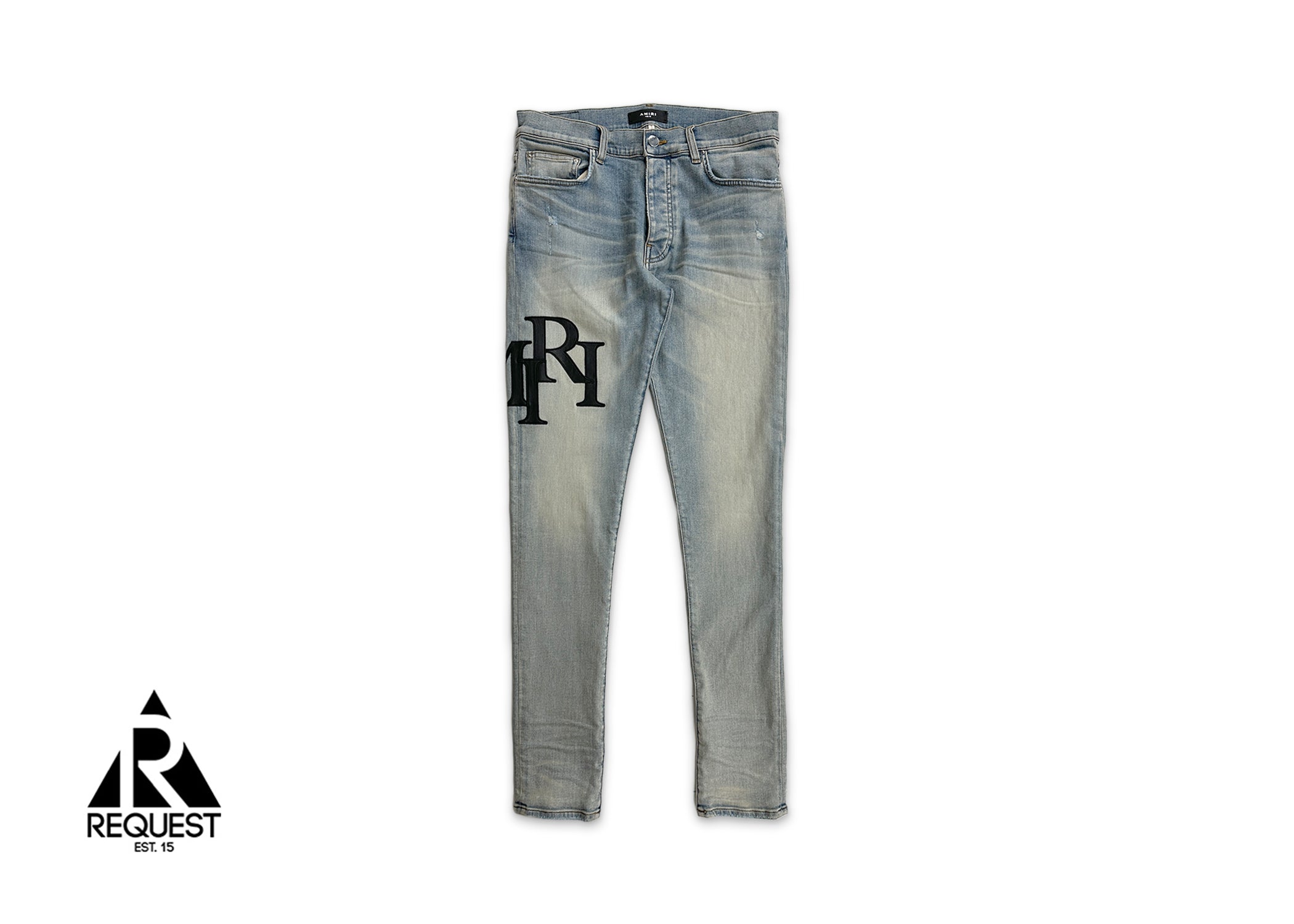 Amiri, Staggered Embroidered Jean "Antique Indigo/Black"