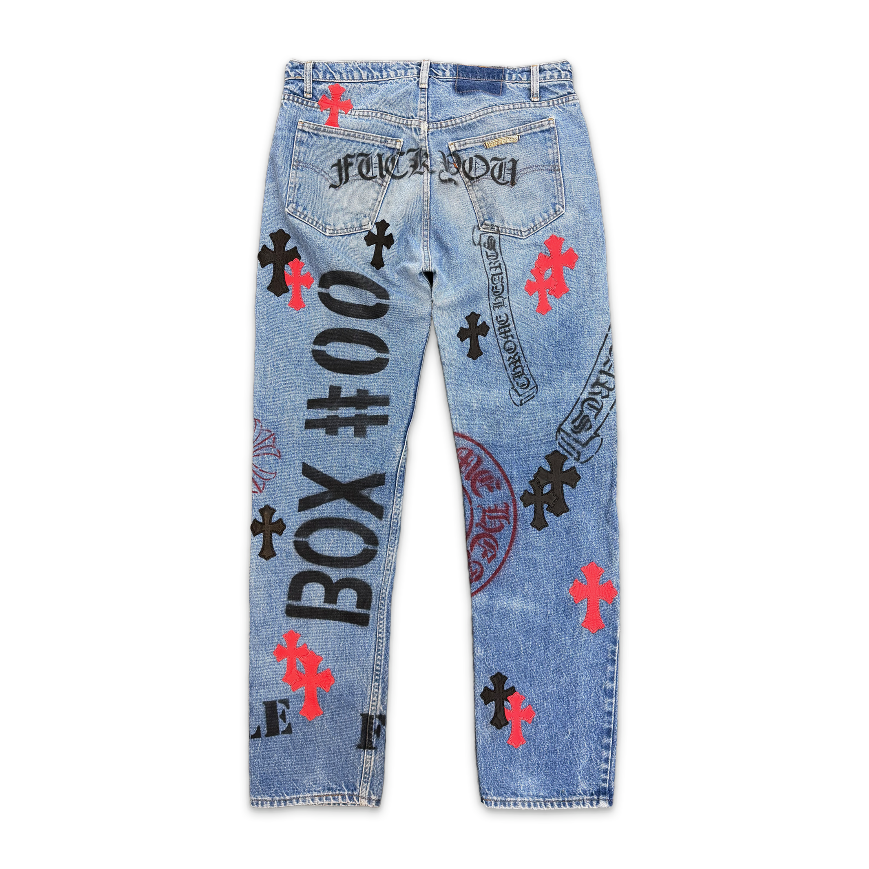 Chrome Hearts, Levi's Light Wash Stencil Denim “Black & Red Crosses"