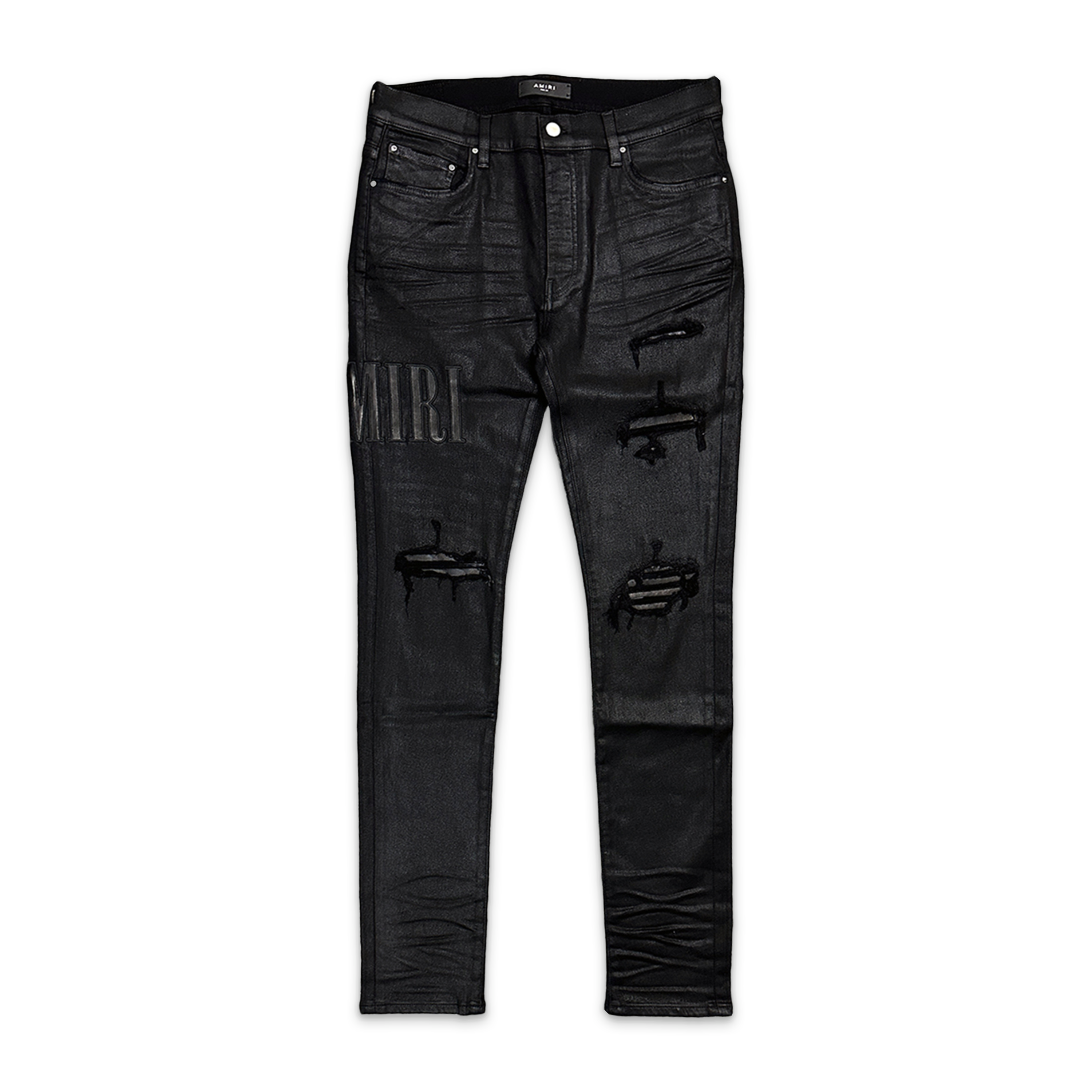 Amiri, Waxed Leather Logo Jeans "Black"
