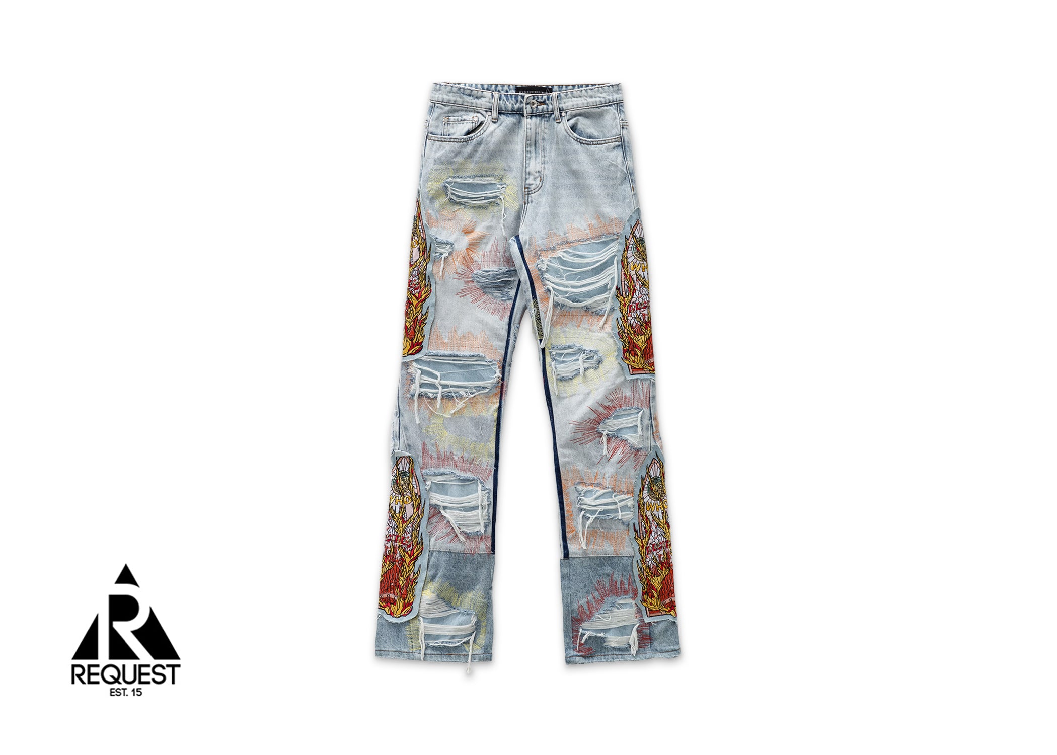 Who Decides War Barrage Graphic Embroidered Denim Jeans "Sky"