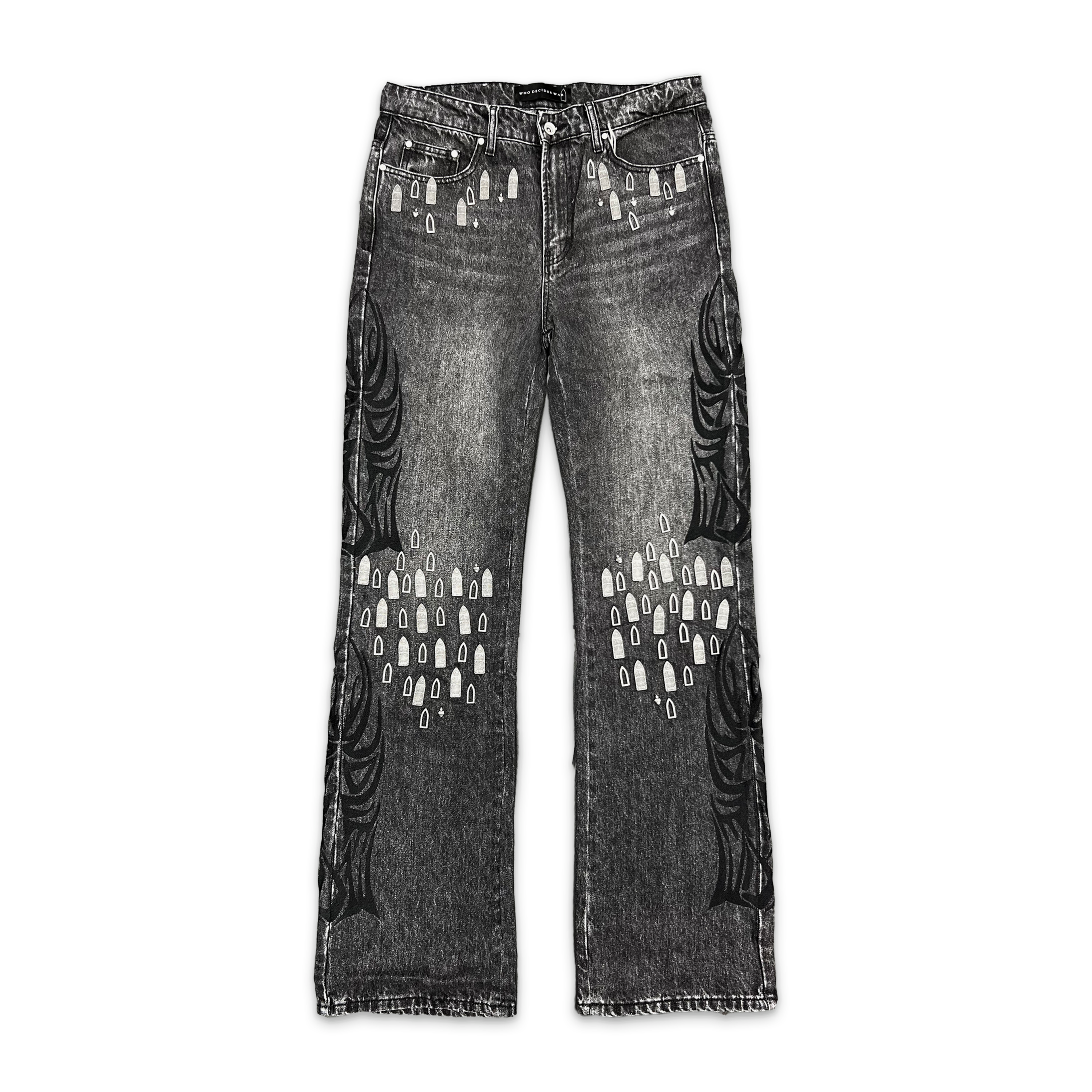 Who Decides War, Concentrated Hardware Winged Logo Boot Cut Denim “Coal”