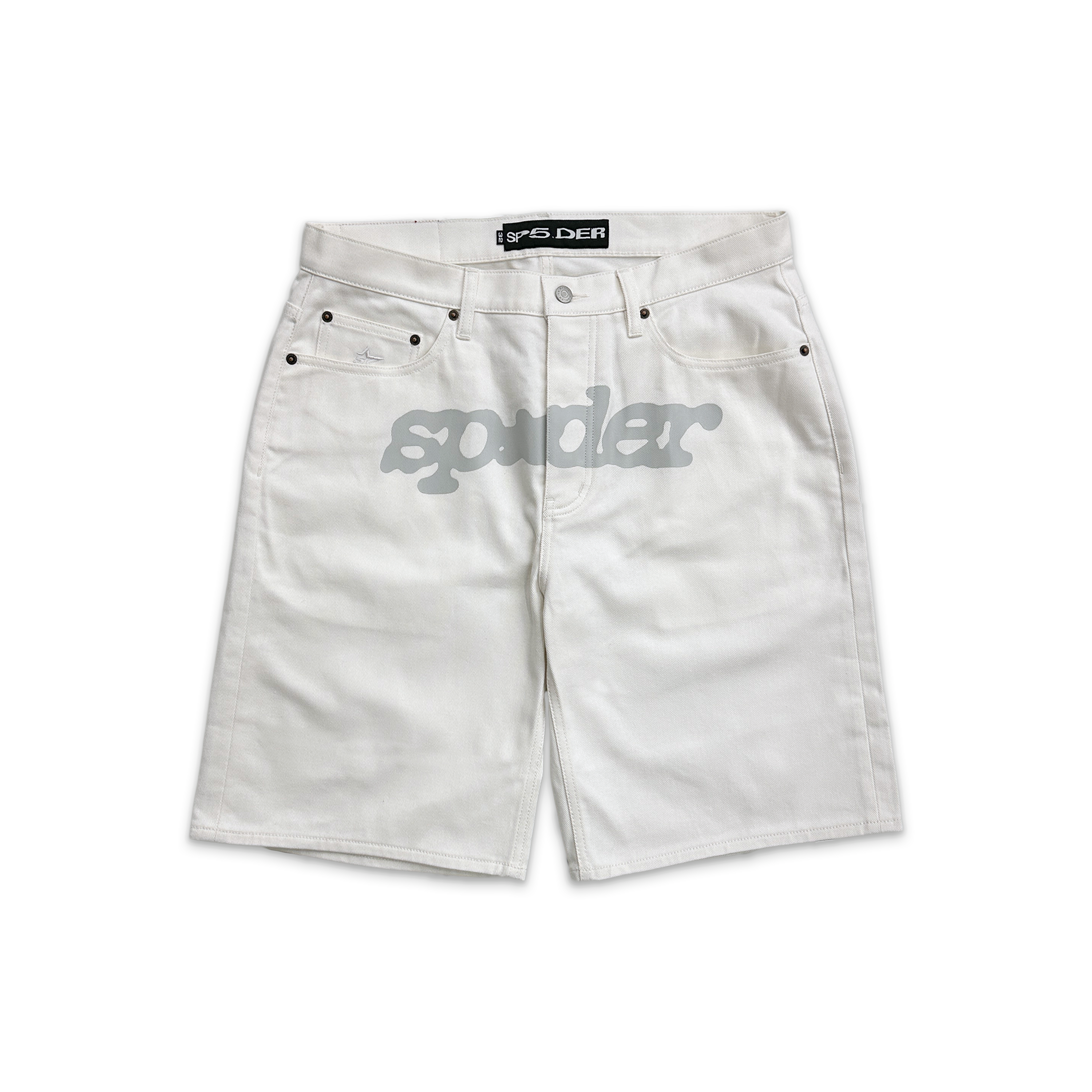 Sp5der, V3 Logo Denim Shorts "White"