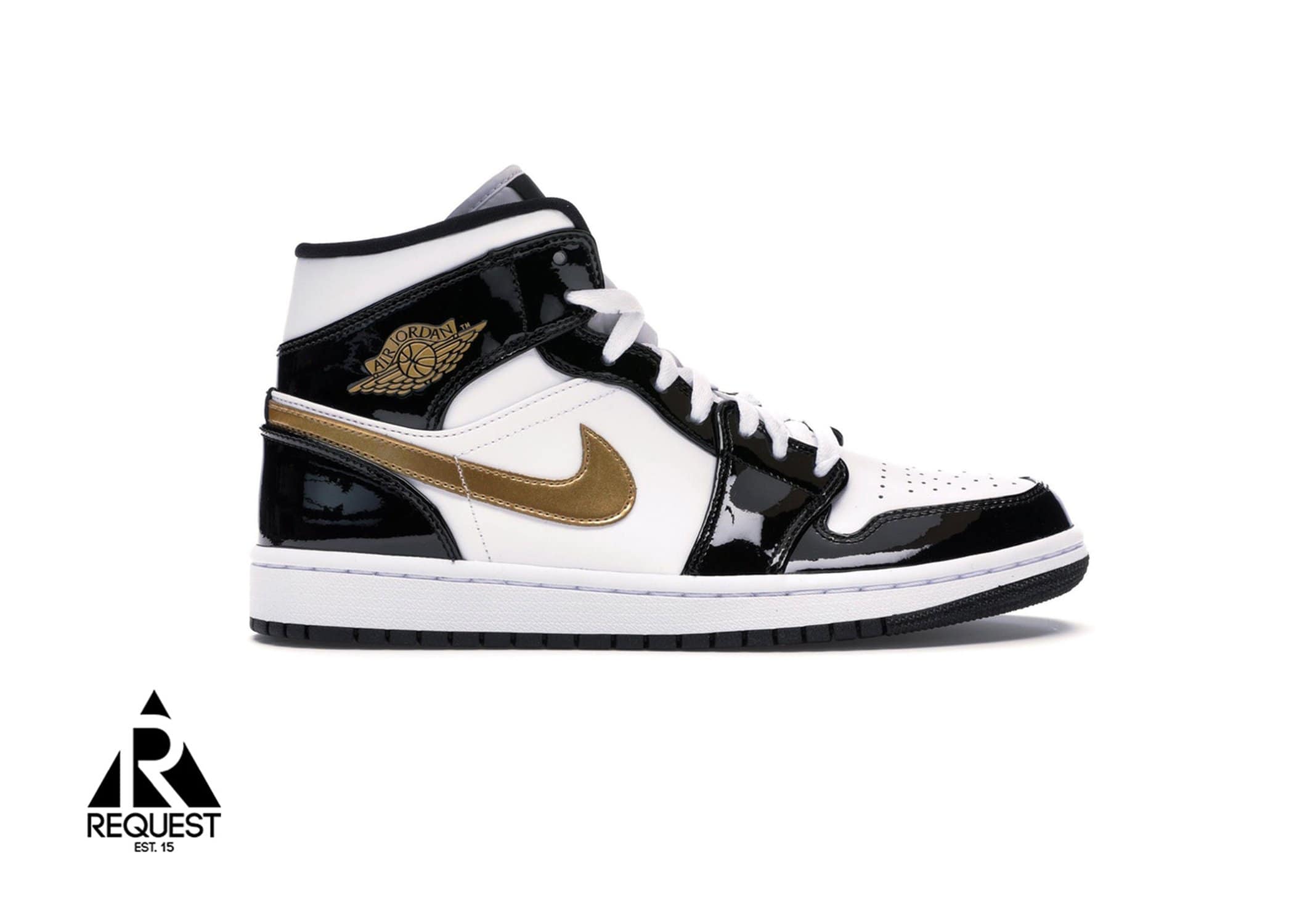 Jordan 1 Mid “Patent Black White Gold”