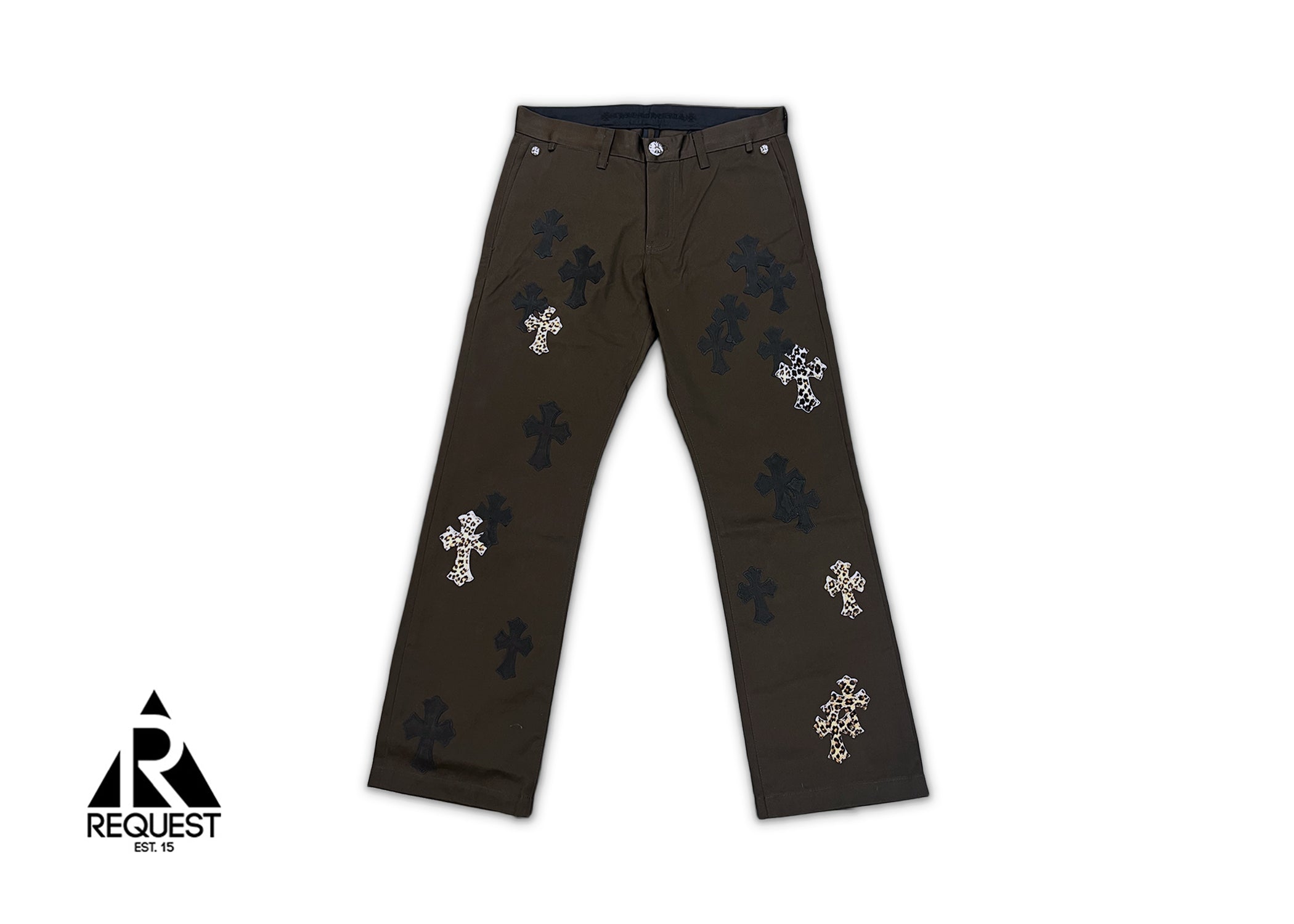 Chrome Hearts Mocha Chino Pants "Black Leather & Leopard Pony Hair Crosses"
