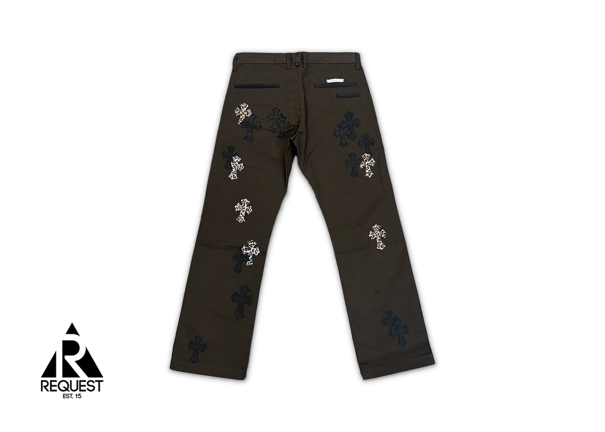 Chrome Hearts Mocha Chino Pants "Black Leather & Leopard Pony Hair Crosses"