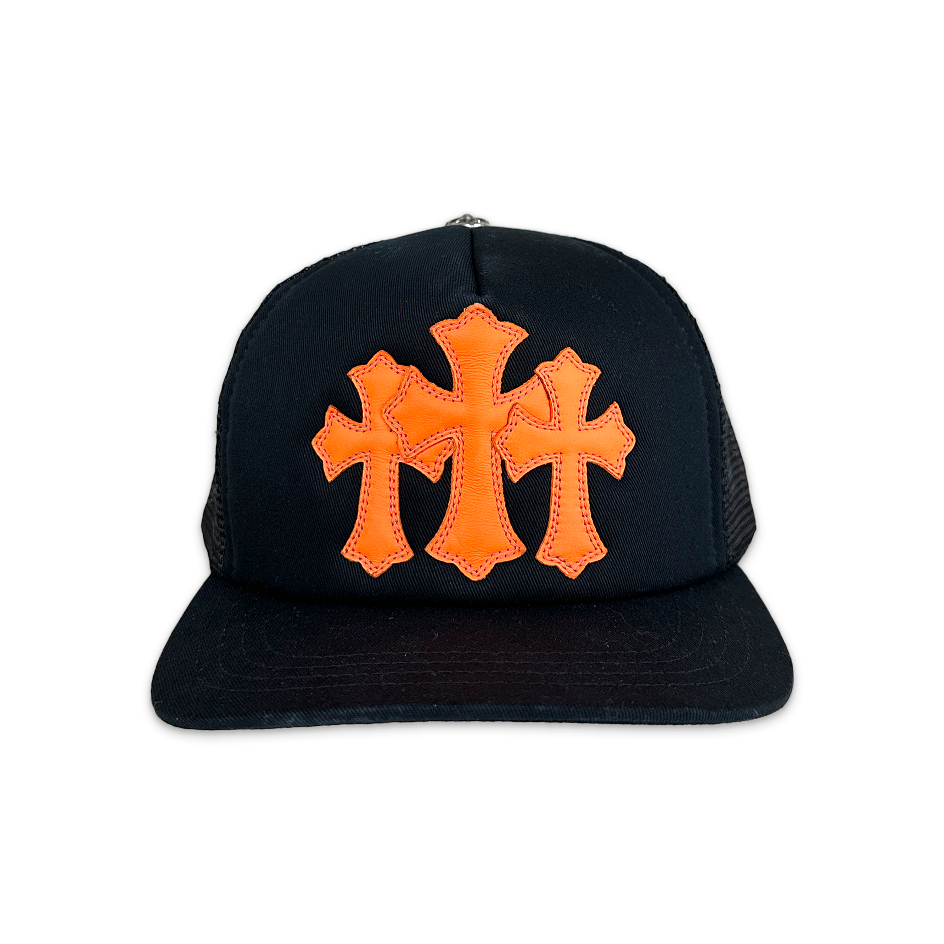 Chrome Hearts, Orange Leather Triple Cross Trucker Hat "Black"