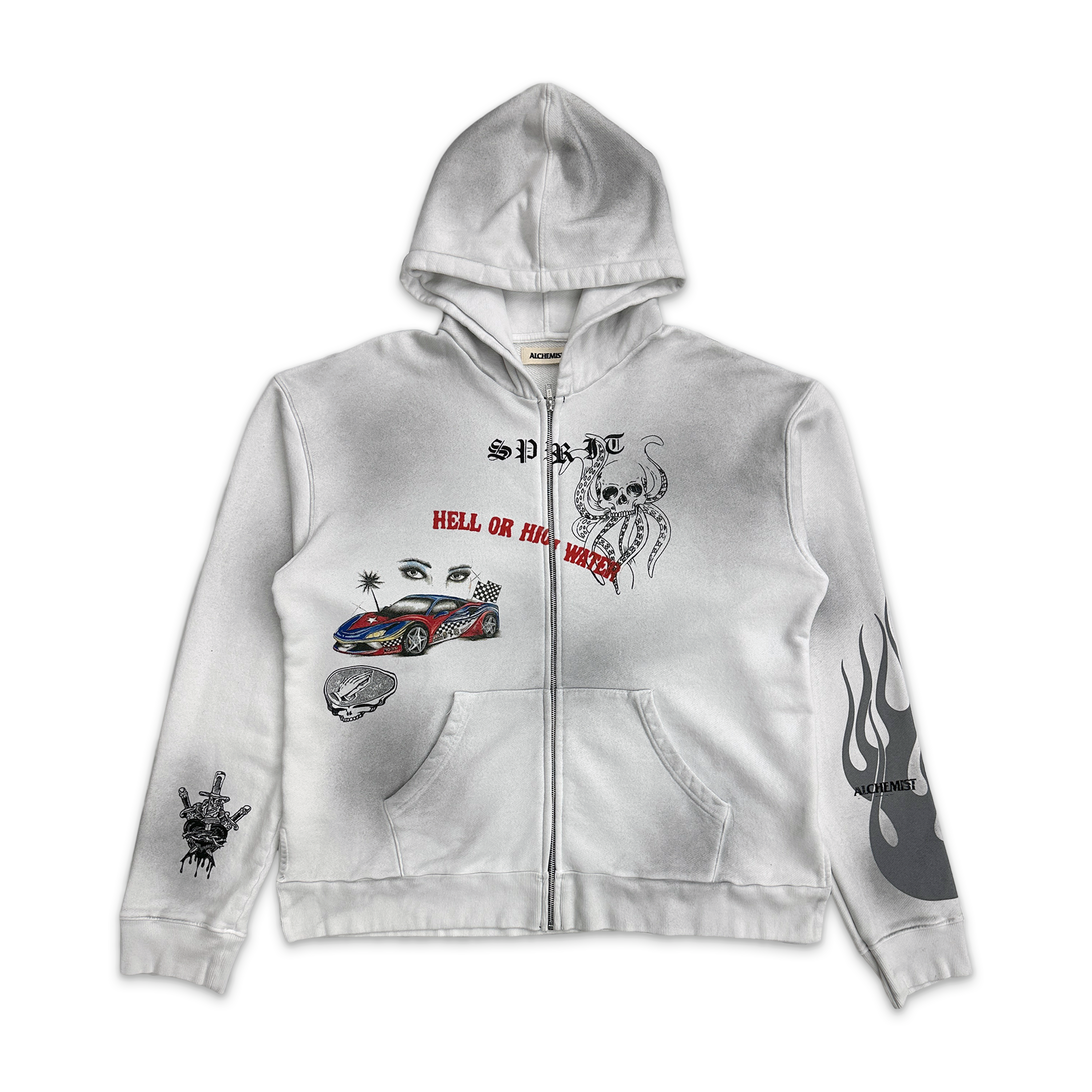 Alchemist, Multi Print Zip Hoodie "Dirty White Opal"