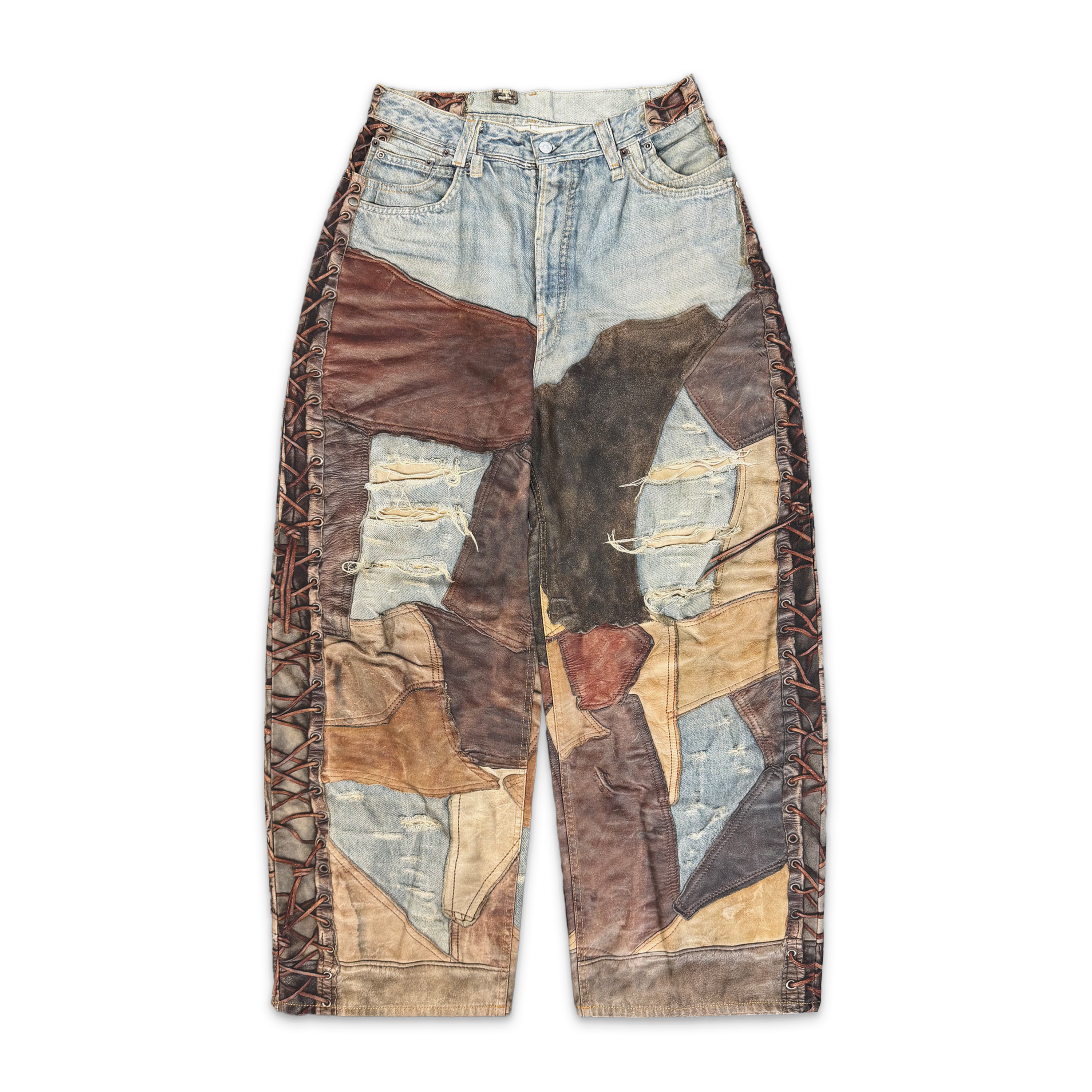 Trompe L'oeil Loose Fit Denim Jeans "Patchwork Leather"