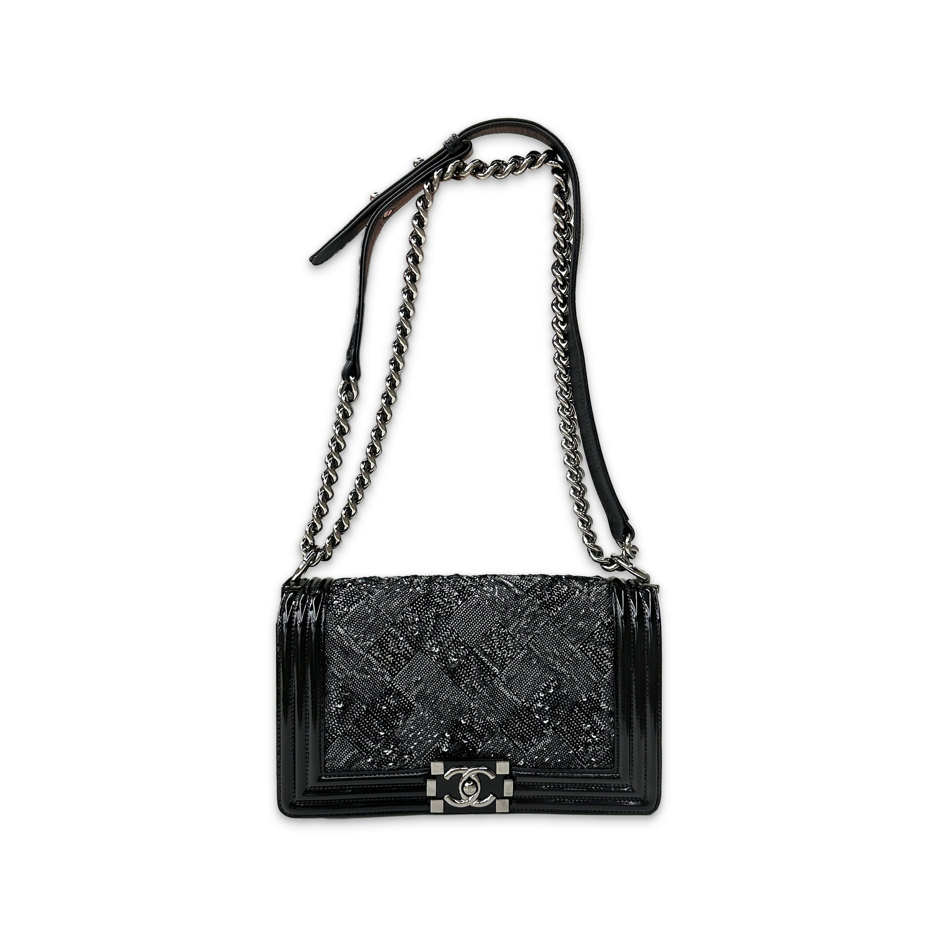 Medium Leather Boy Bag "Black Sequin"