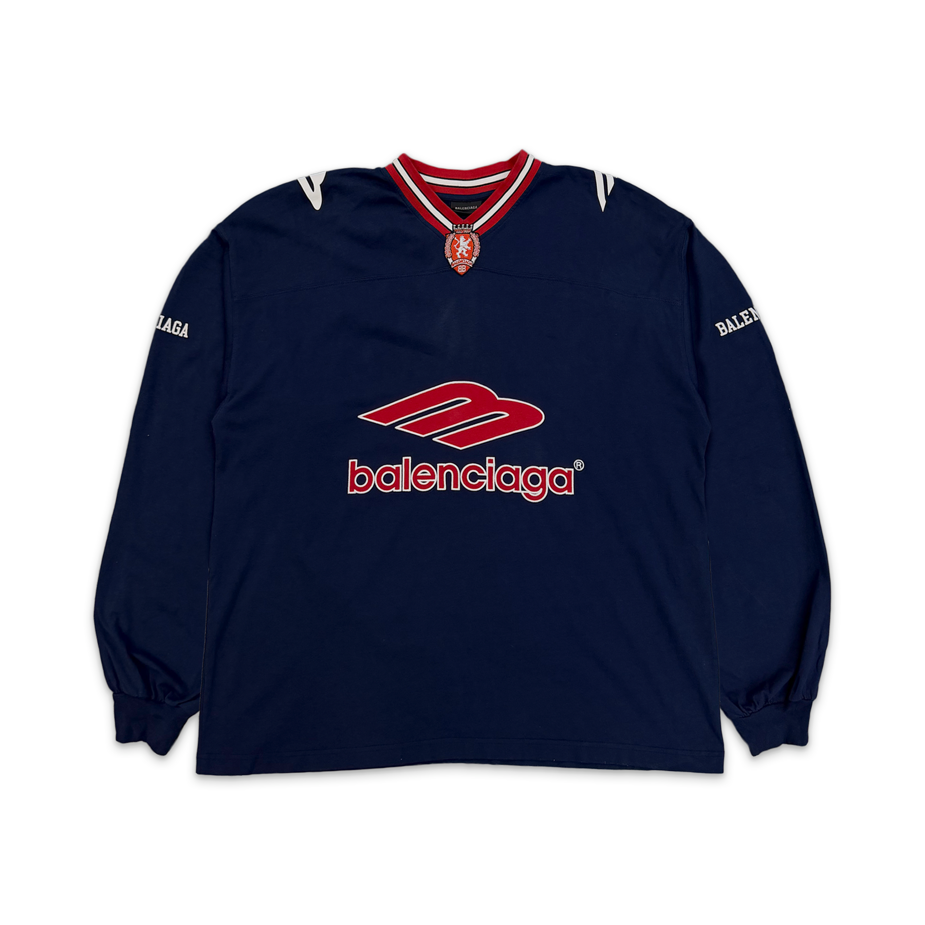 Balenciaga, 3B Football L/S V Neck T-Shirt "Navy/Red"
