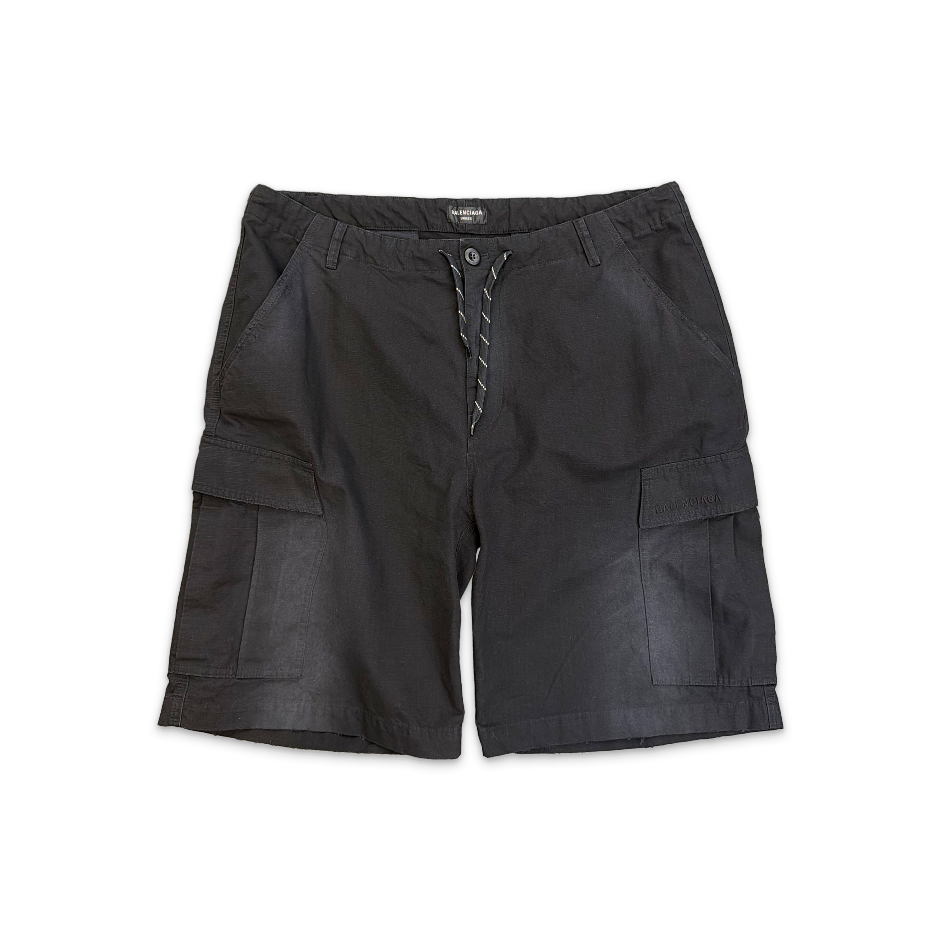 Balenciaga, Wide Leg Drawstring Ripstop Distressed Cargo Shorts "Black"