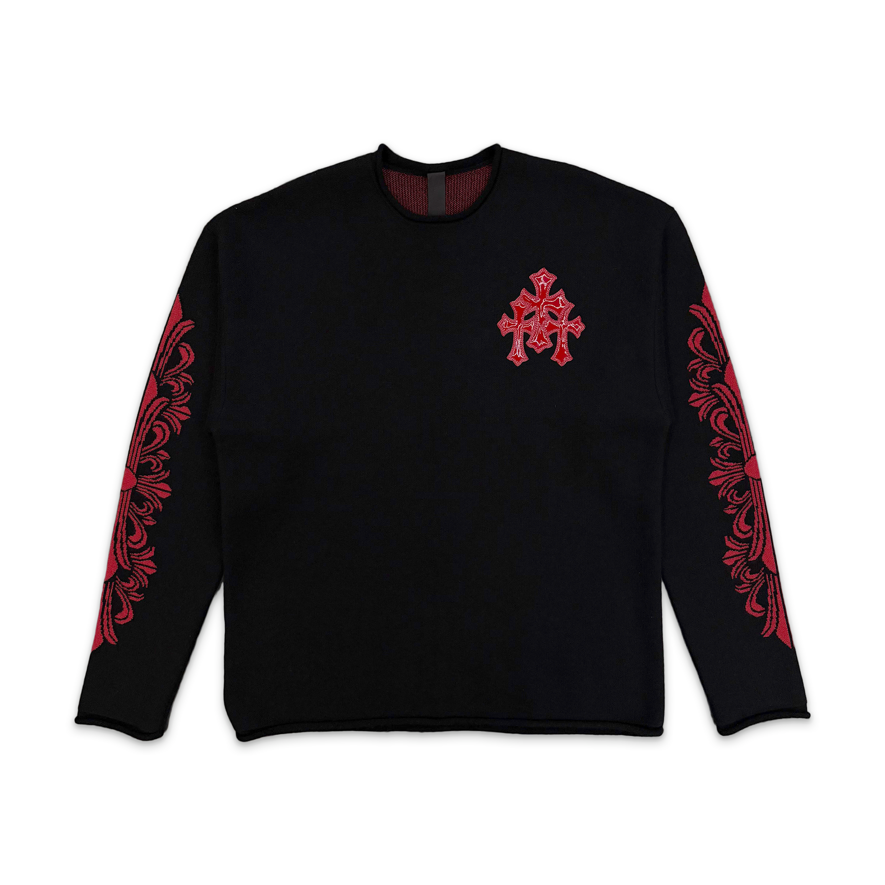 Cashmere Floral Patent Leather Triple Cross Sweater "Black Red"