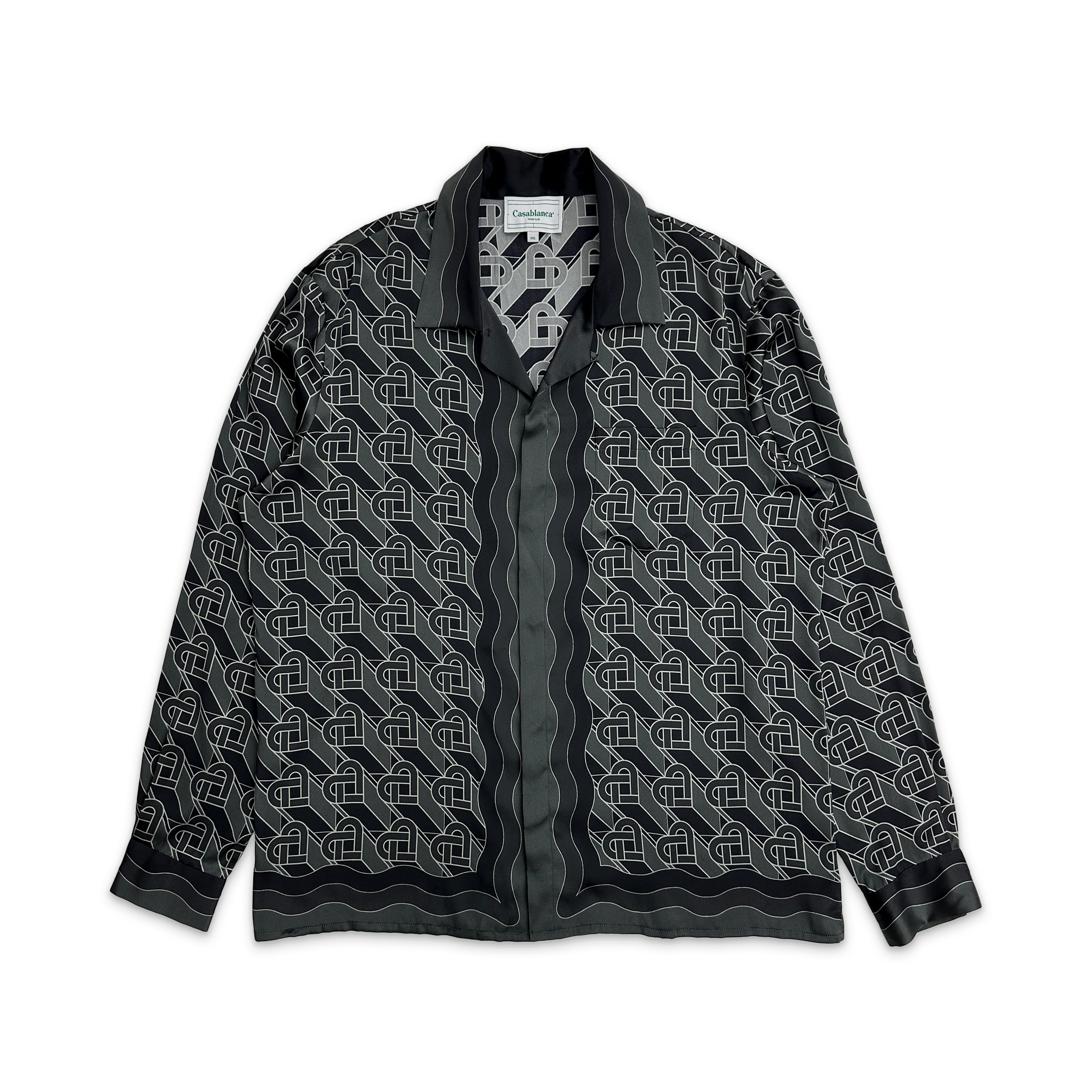 Silk Cuban Collar Long Sleeve Shirt "Heart Monogram Black"