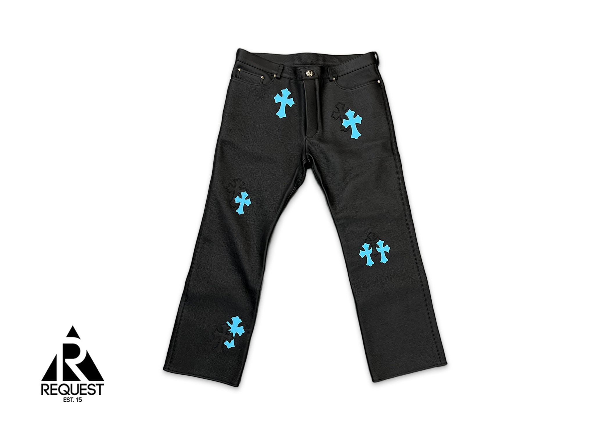 Chrome Hearts Black Leather Jeans "Black & Blue Crosses"