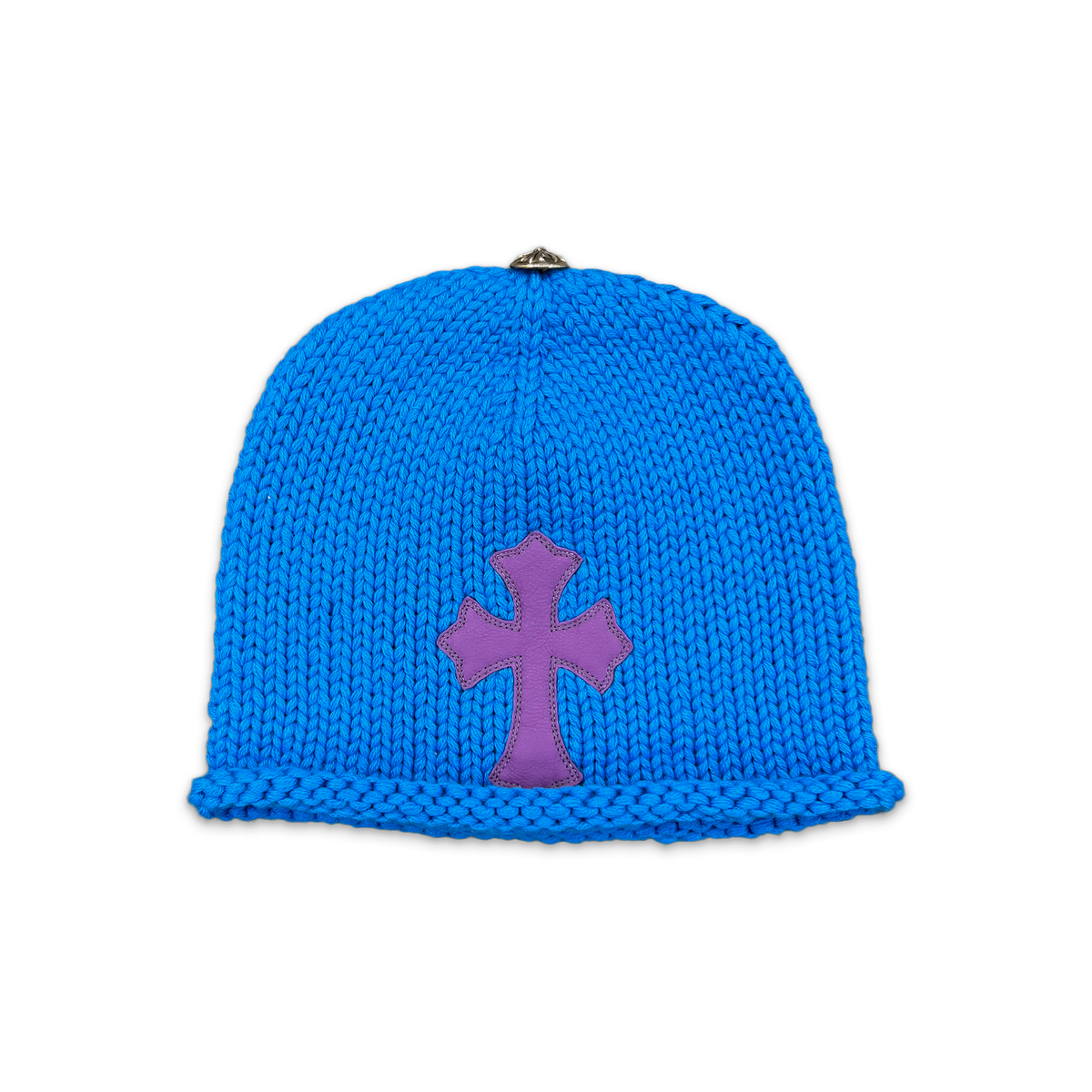 Knitted Purple Leather Cross Beanie 