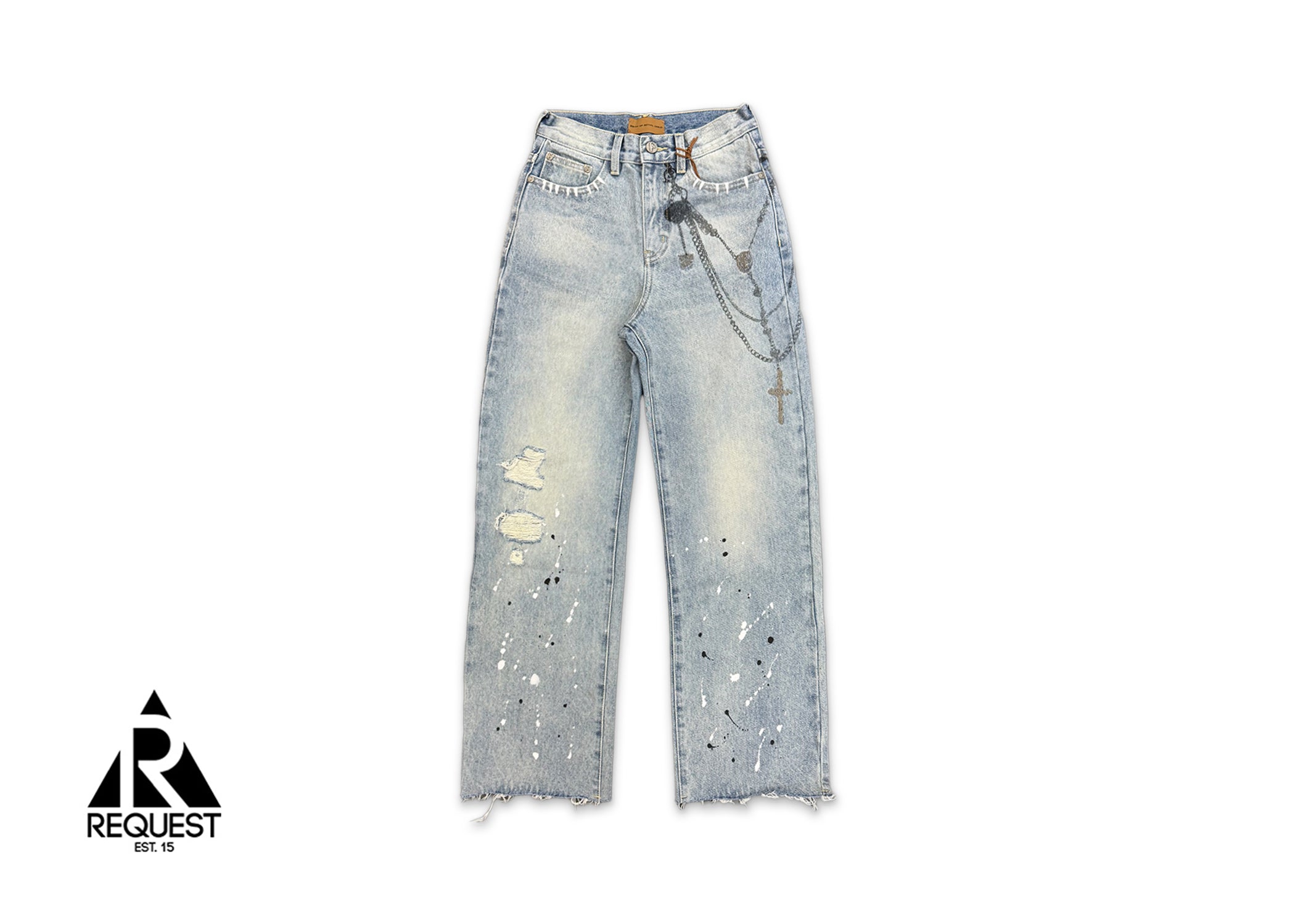 Chain Ink Print Detailed Patch Jeans "Light Wash"