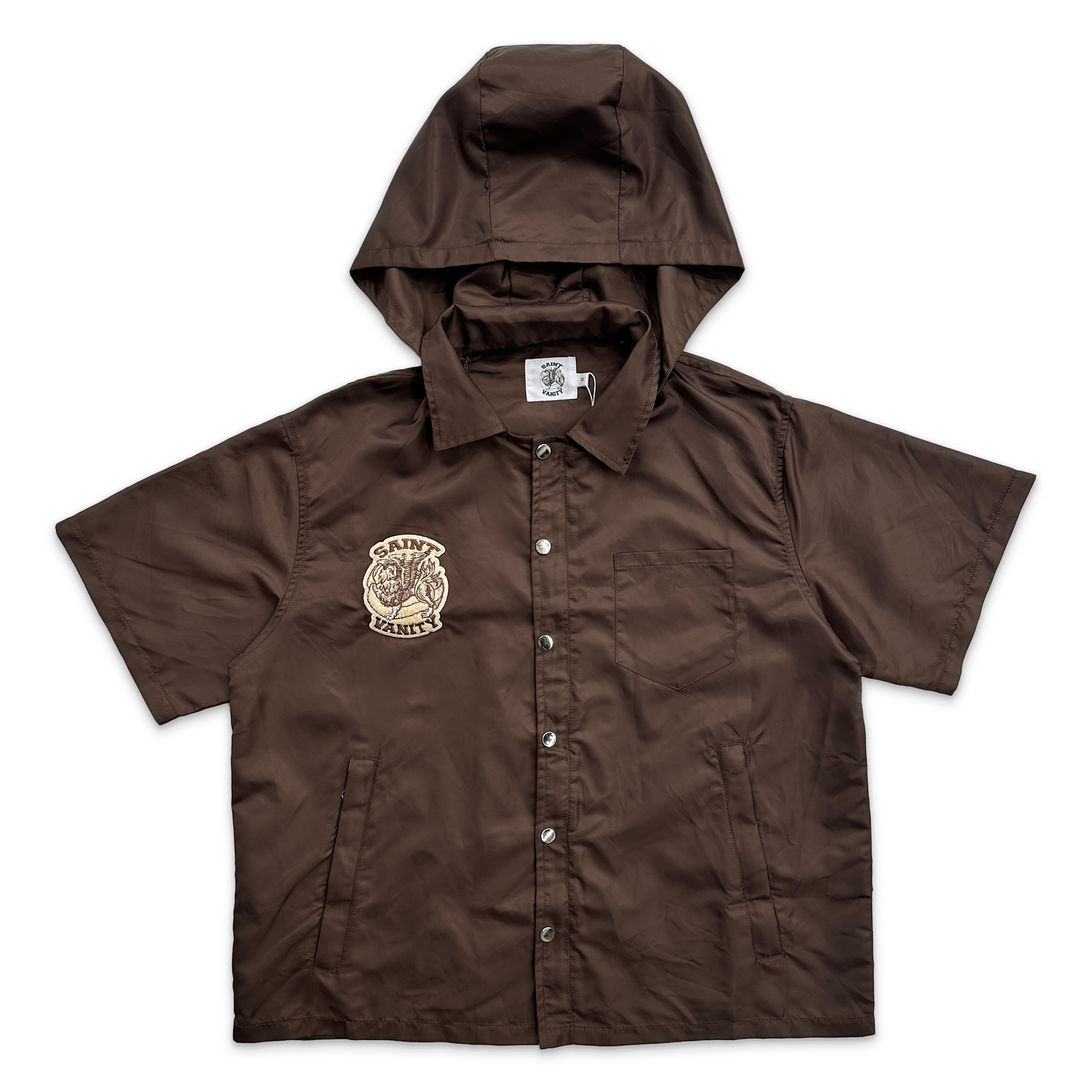 Nylon Button Zip Up Tee W/ Attachable Hood "Brown"