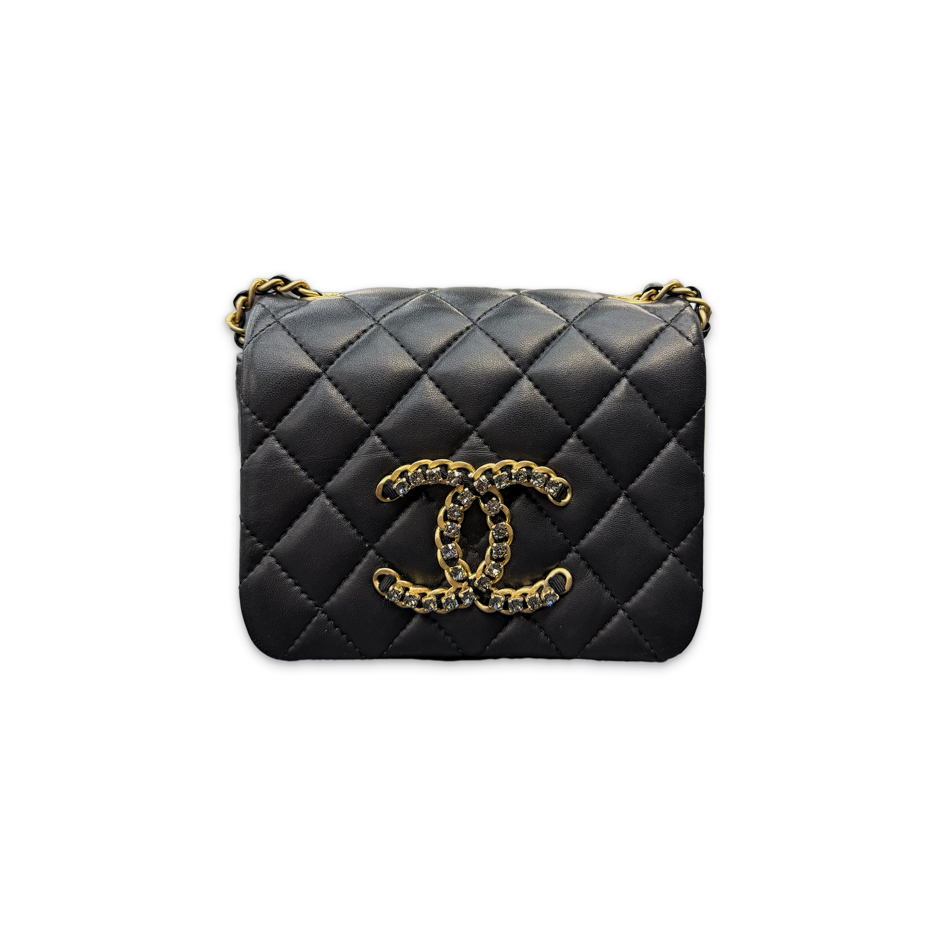 Lambskin Quilted Mini Crystal Embellished Flap Bag "Black"