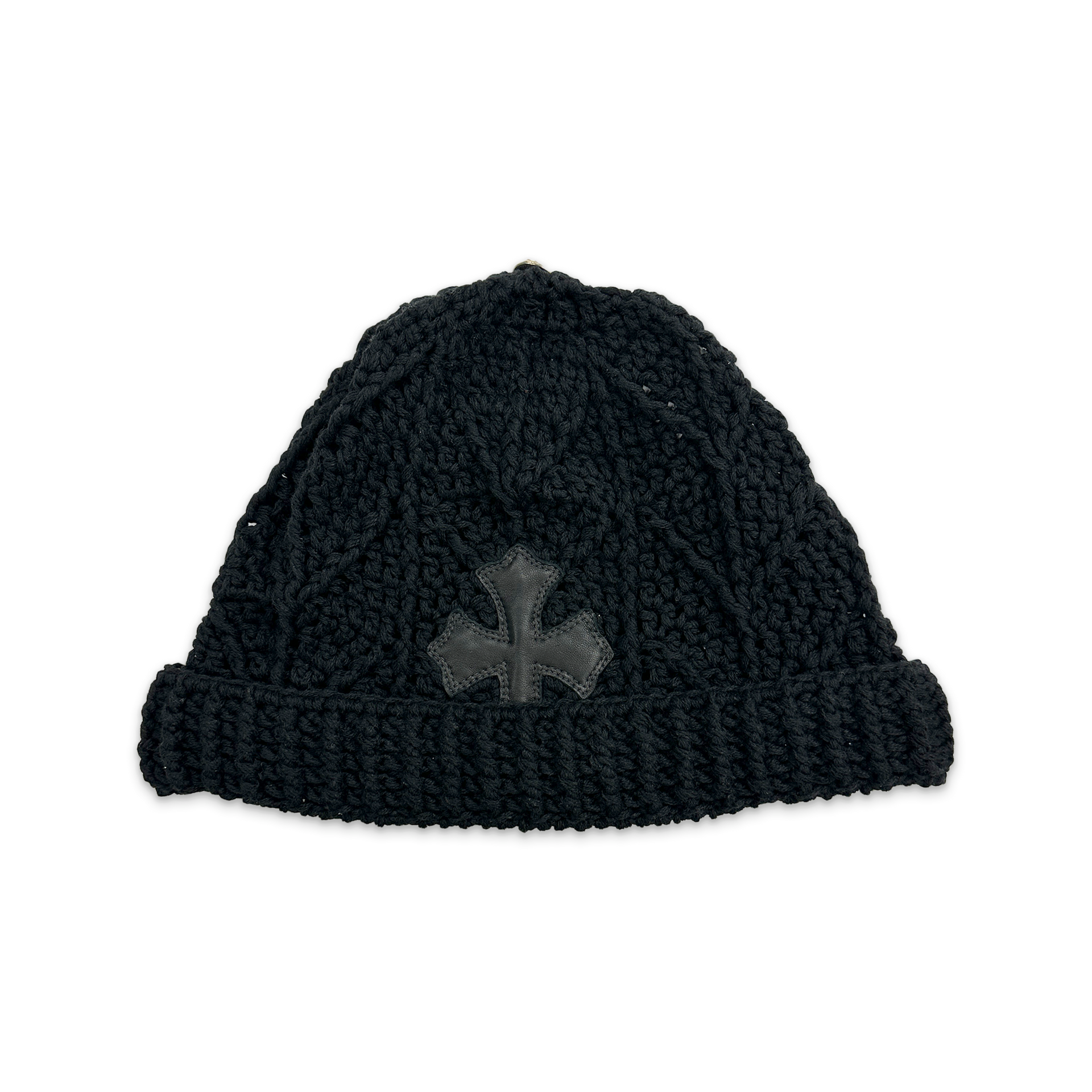 Cashmere Knit Leather Cross Beanie 