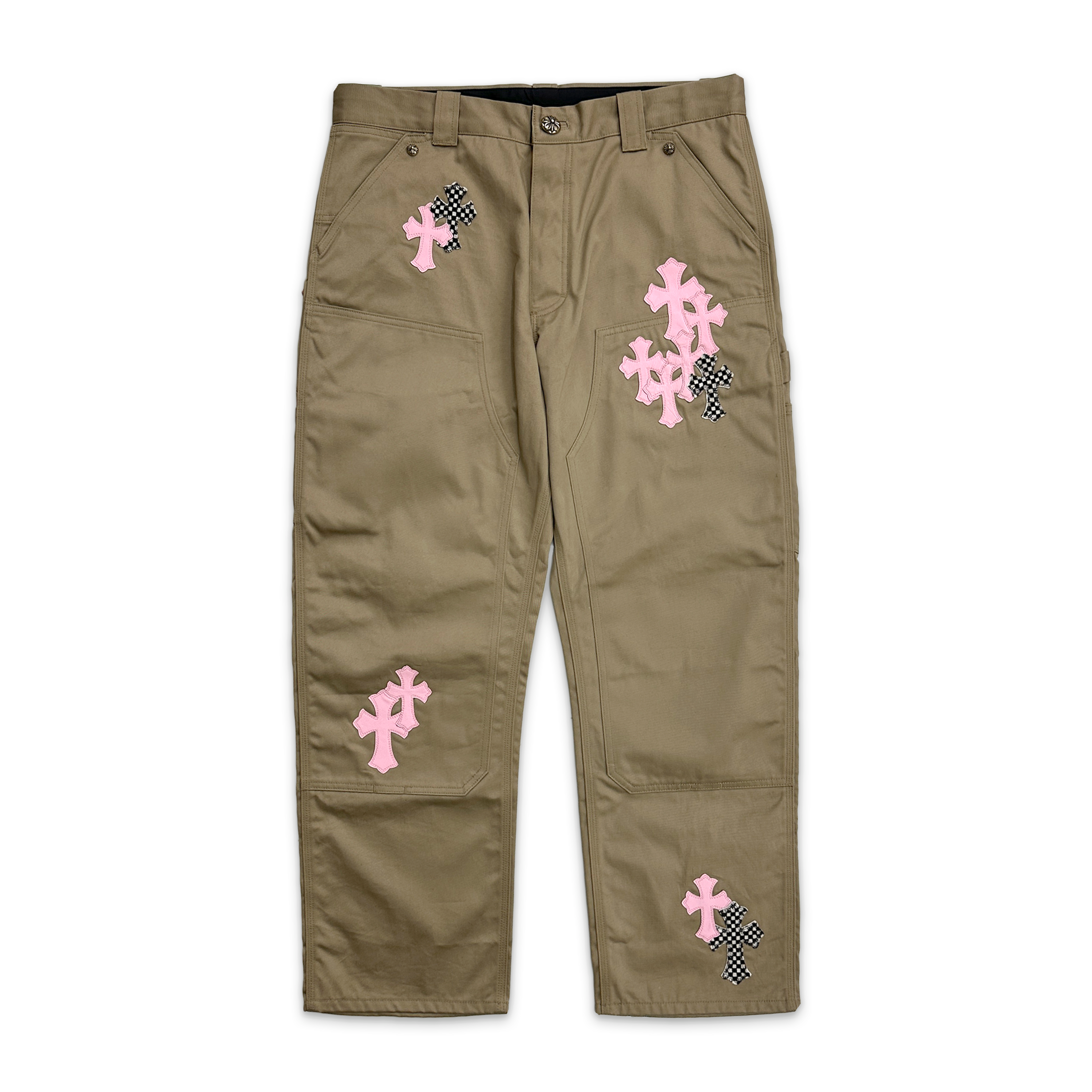 Chrome Hearts, Tan Chino Carpenter Pants "Pink & Checkered Crosses"