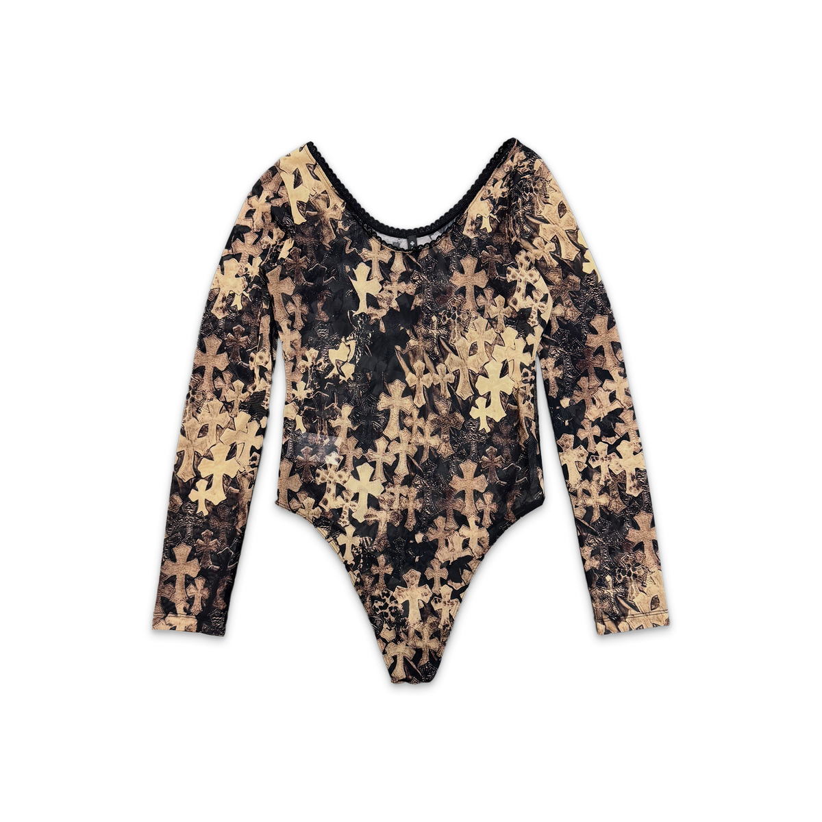Waterfall Cross Print Mesh Body Suit 