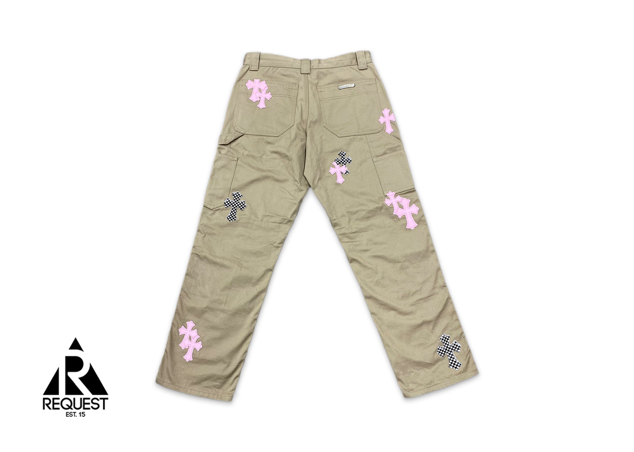 Chrome Hearts Tan Chino Carpenter Pants "Pink & Checkered Crosses"