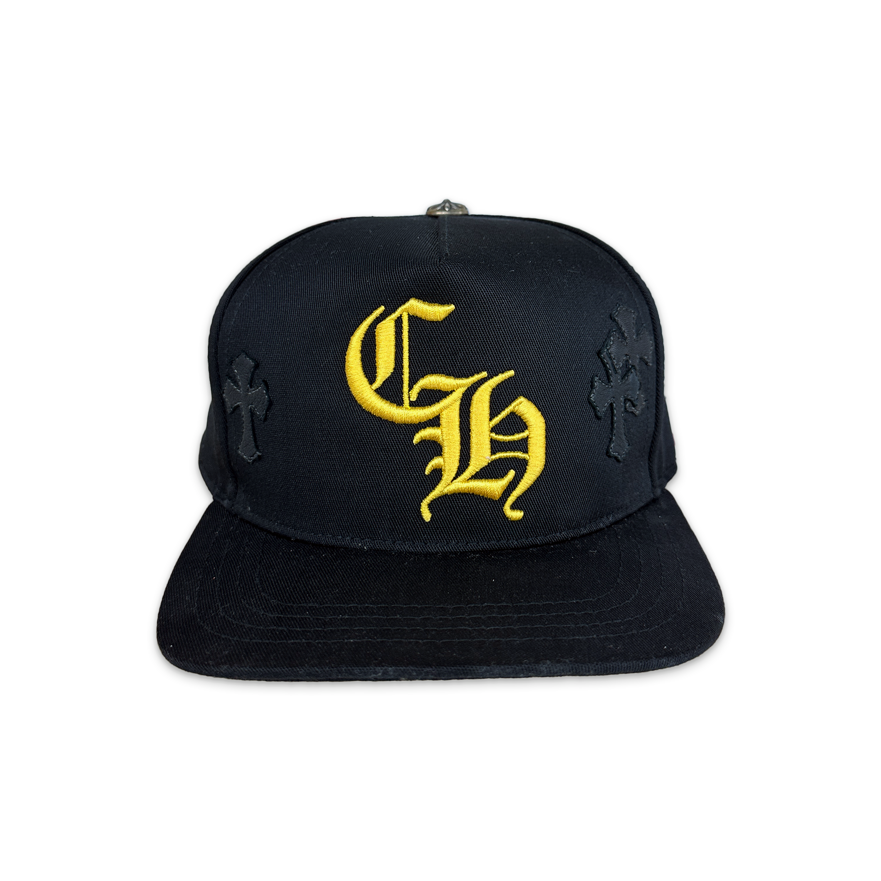Chrome Hearts, Leather Crosses Snapback Hat "Black Yellow"