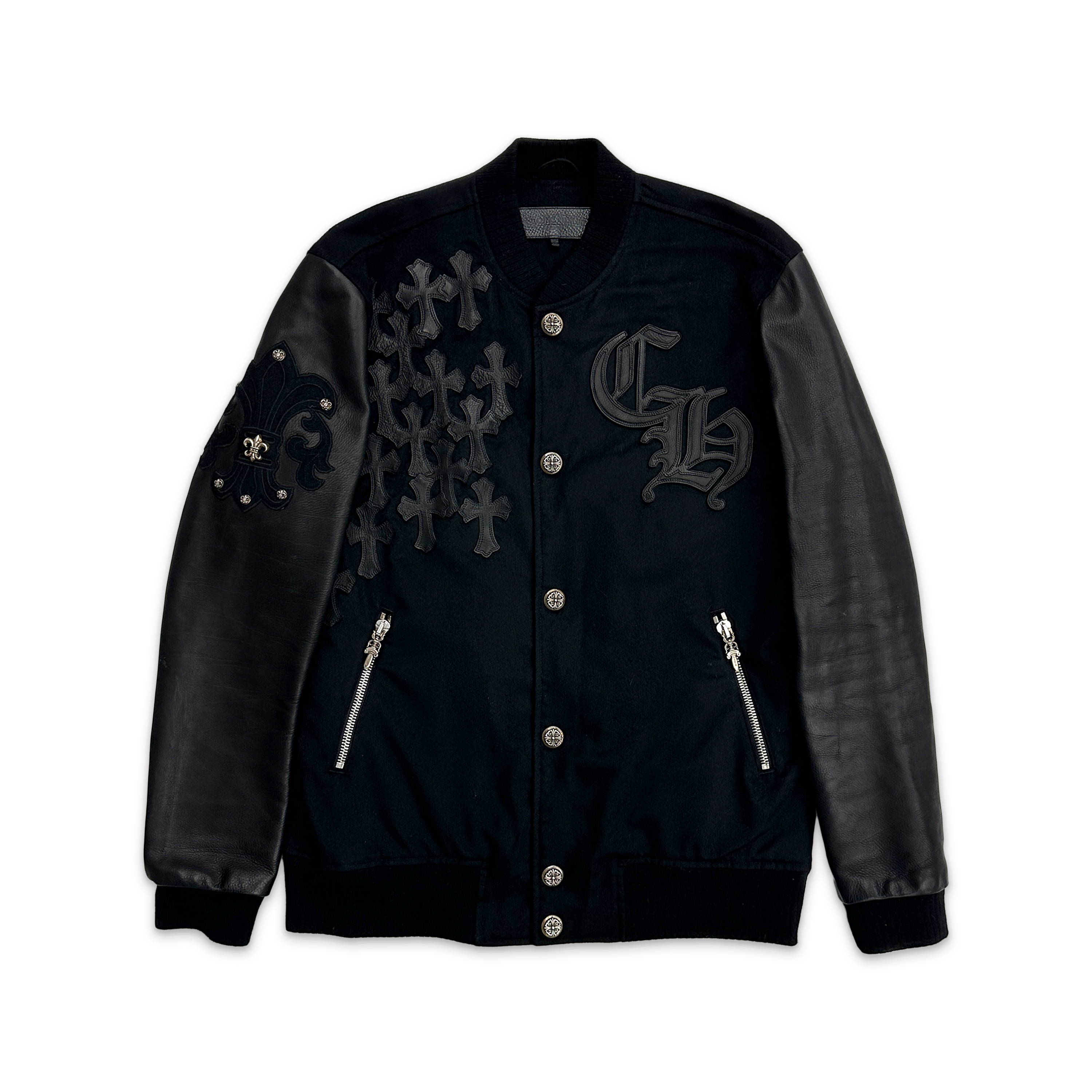 Chrome Hearts, Cashmere & Leather Multi Patch Varsity Jacket "Black"