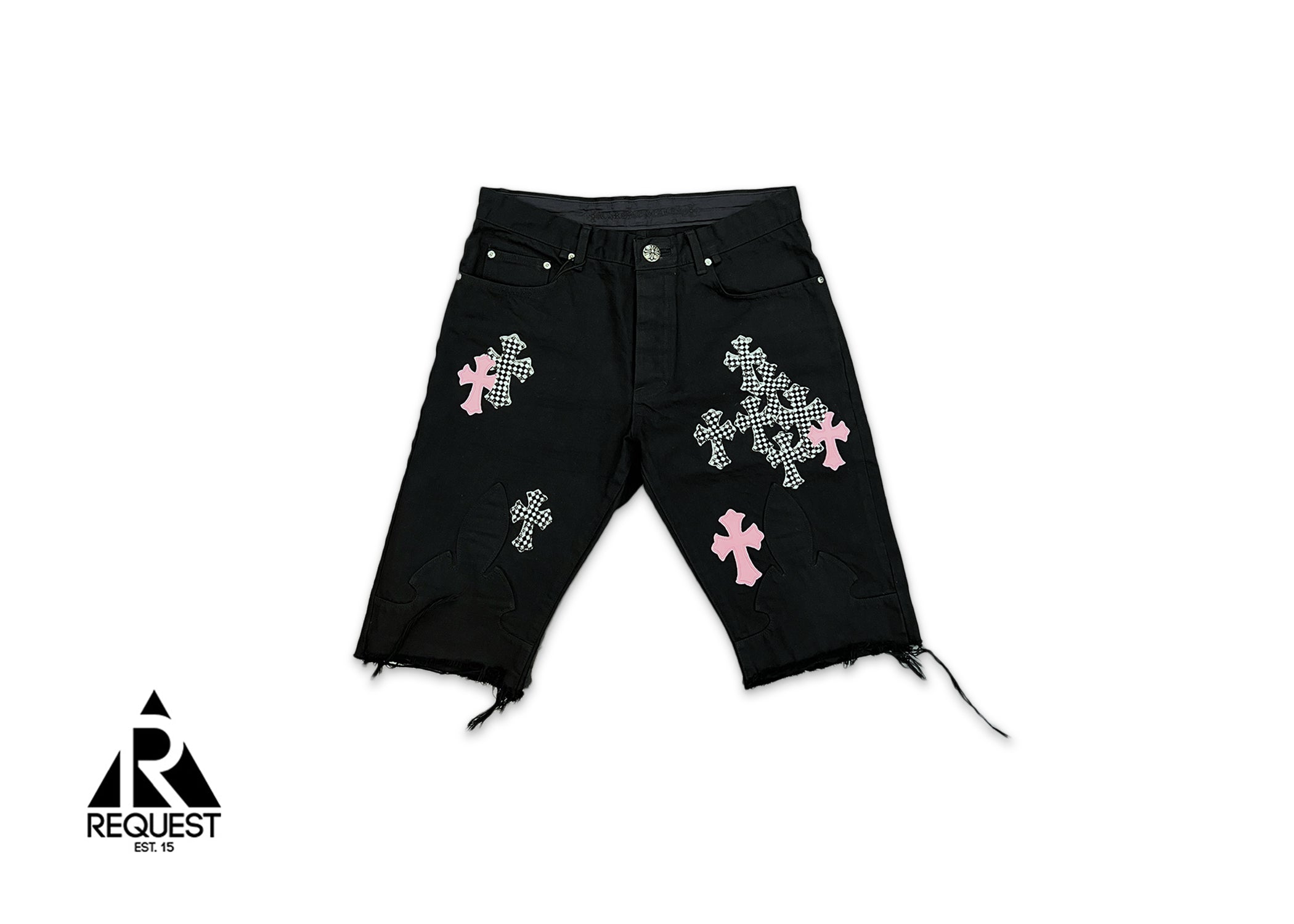 Chrome Hearts Black Fleur Denim Shorts "Pink & Checkered Crosses"