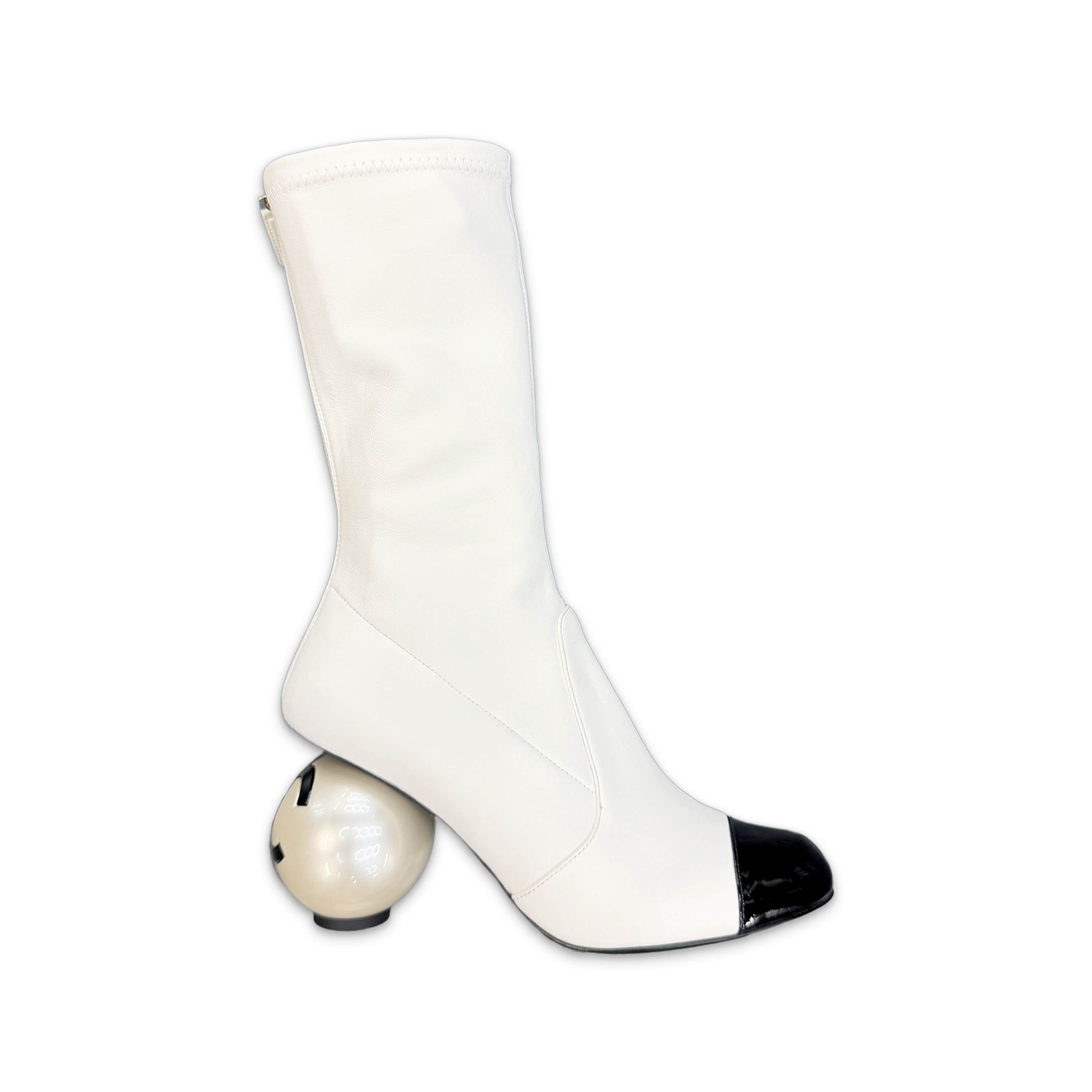 Chanel, 25K Mid Calf Pearl Ball Heel Boot "White Black"