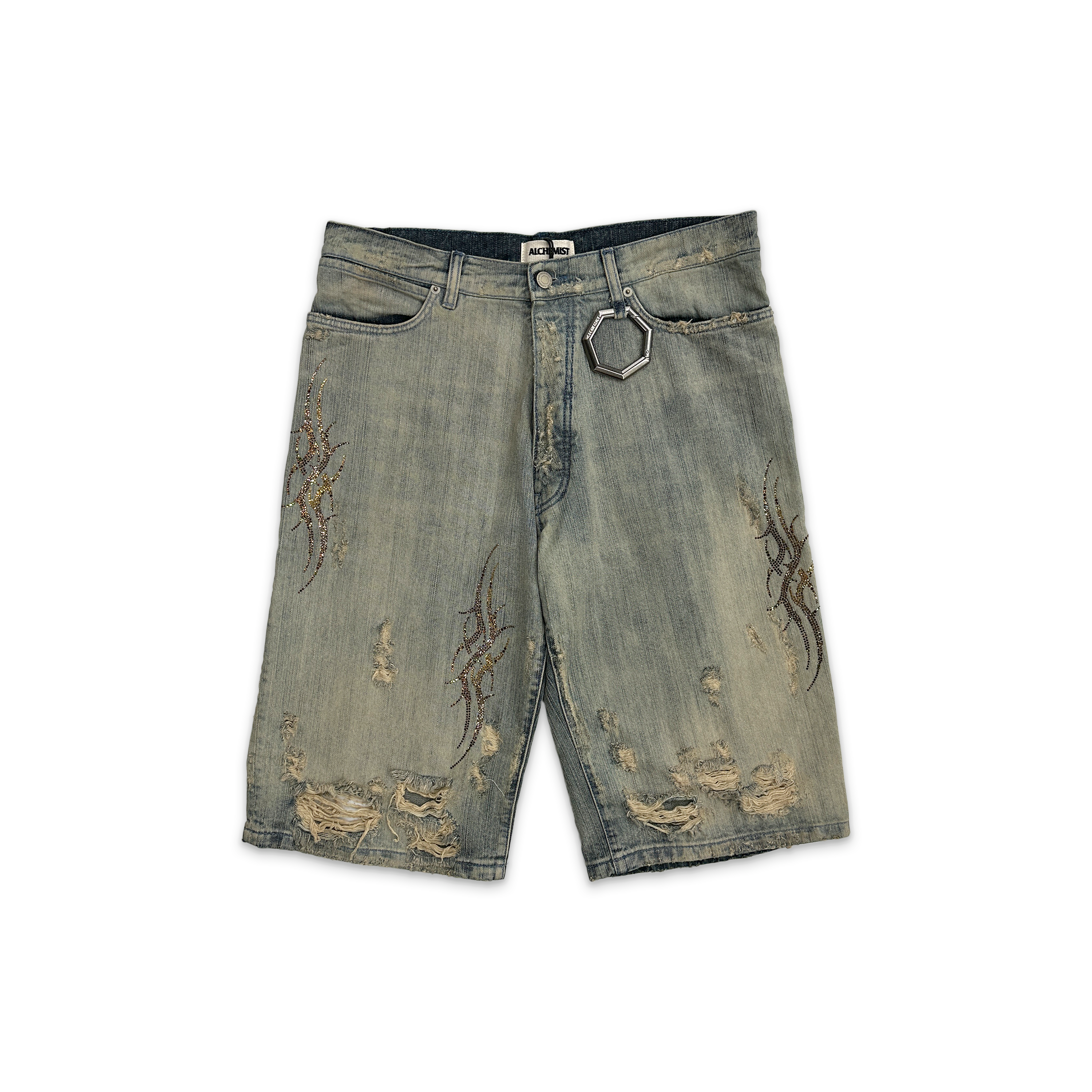 Alchemist, Denim Shorts Allover Tribal Crystals "Nomad"