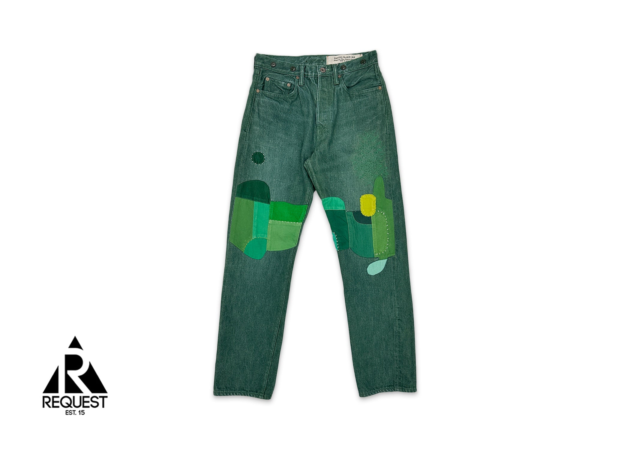 Kapital Straight-Leg Patchwork Distressed Jeans "Green"