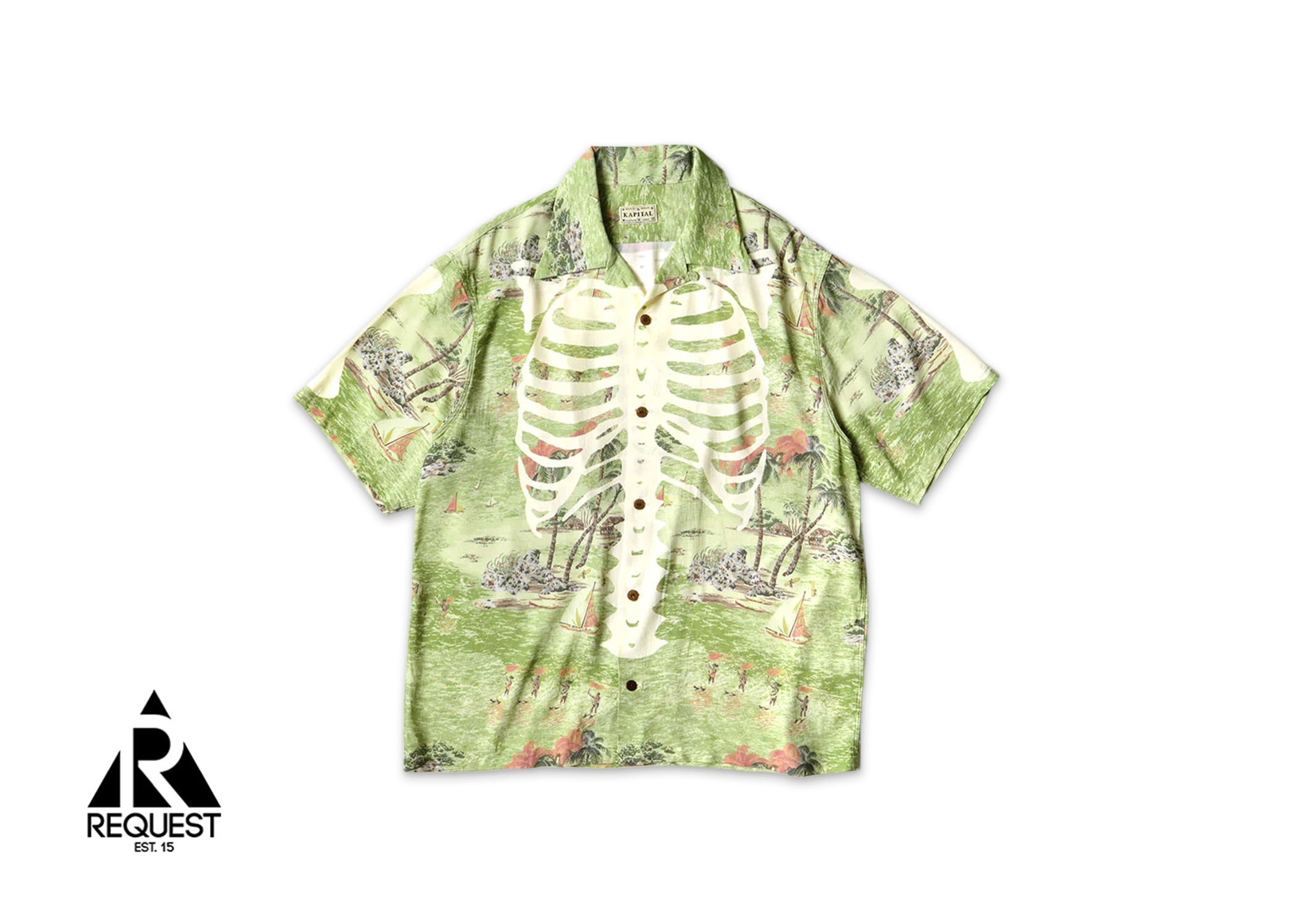 Kapital Rayon Kamehameha Bone Aloha Shirt "Green"