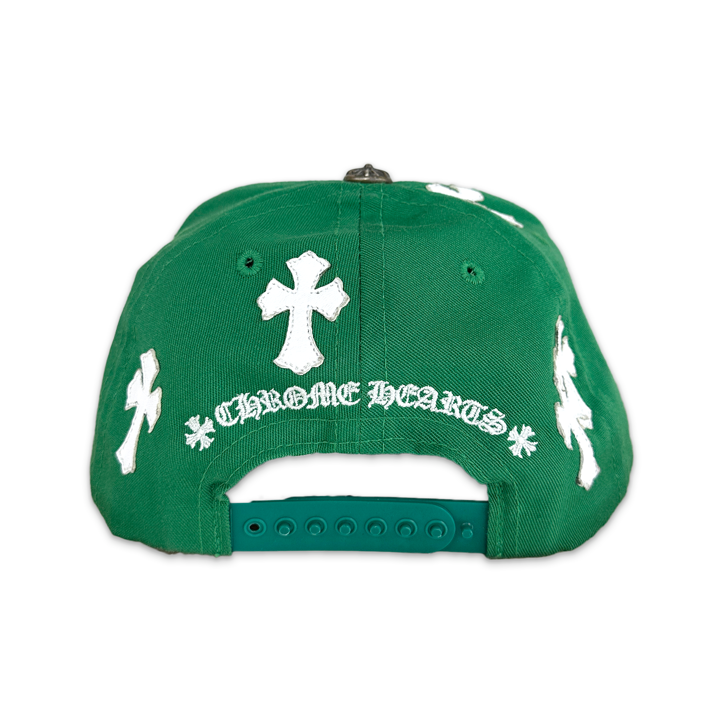 Chrome Hearts, White Leather Crosses Snapback Hat "Green"