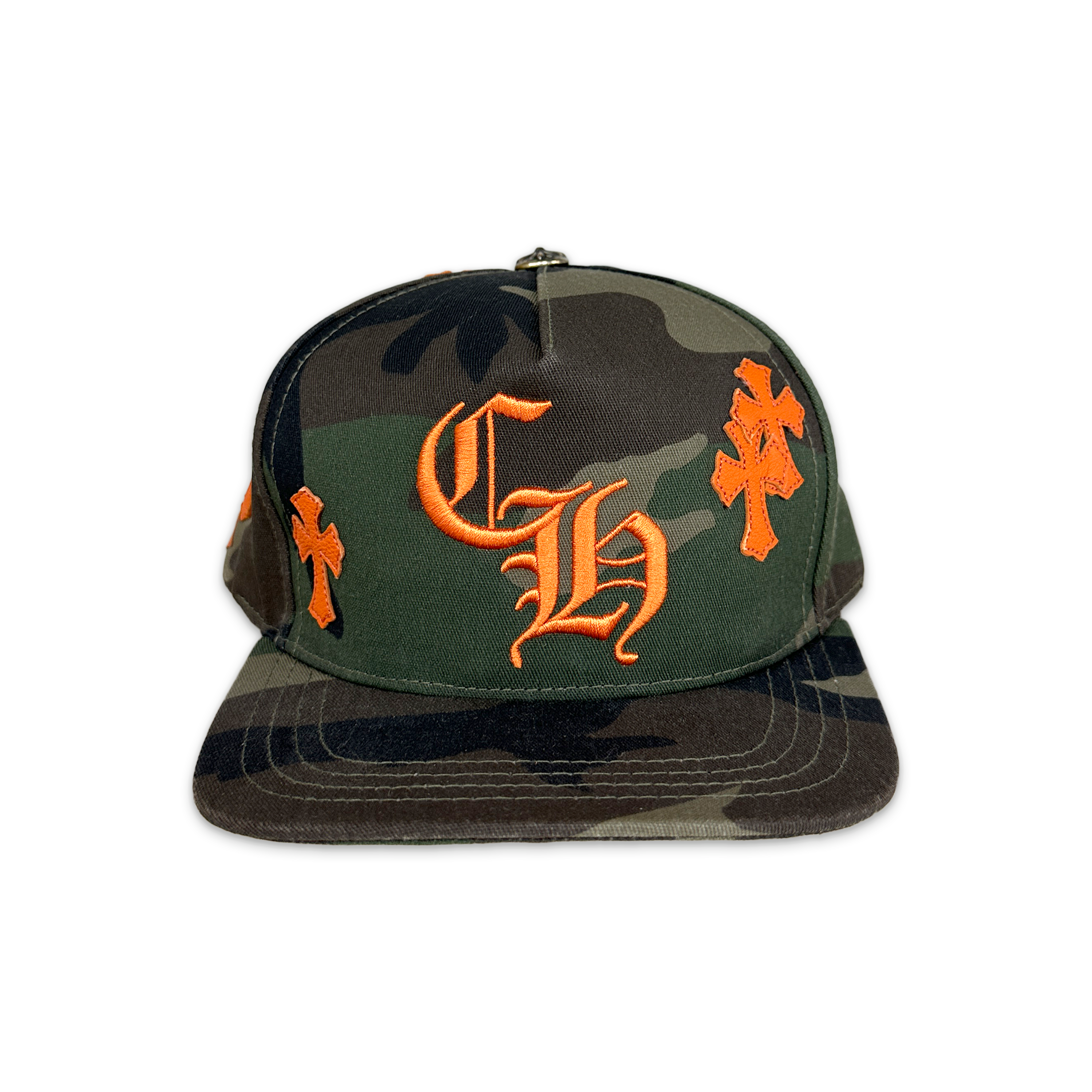Chrome Hearts, Orange Leather Crosses Snapback Hat "Camo"