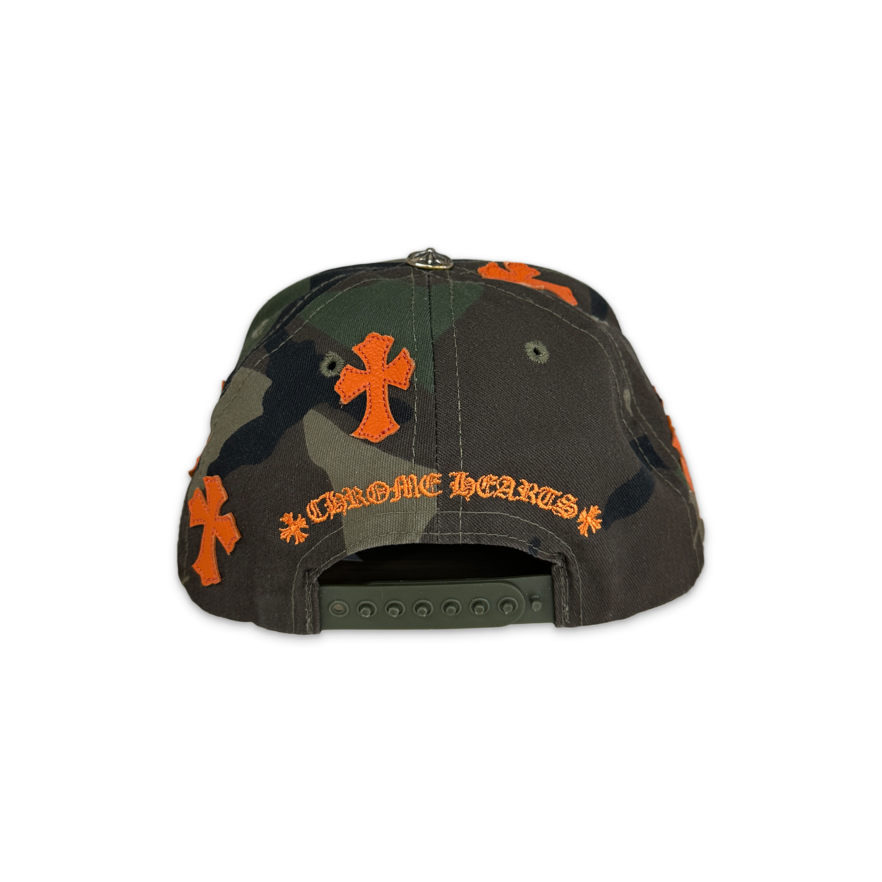 Chrome Hearts, Orange Leather Crosses Snapback Hat "Camo"