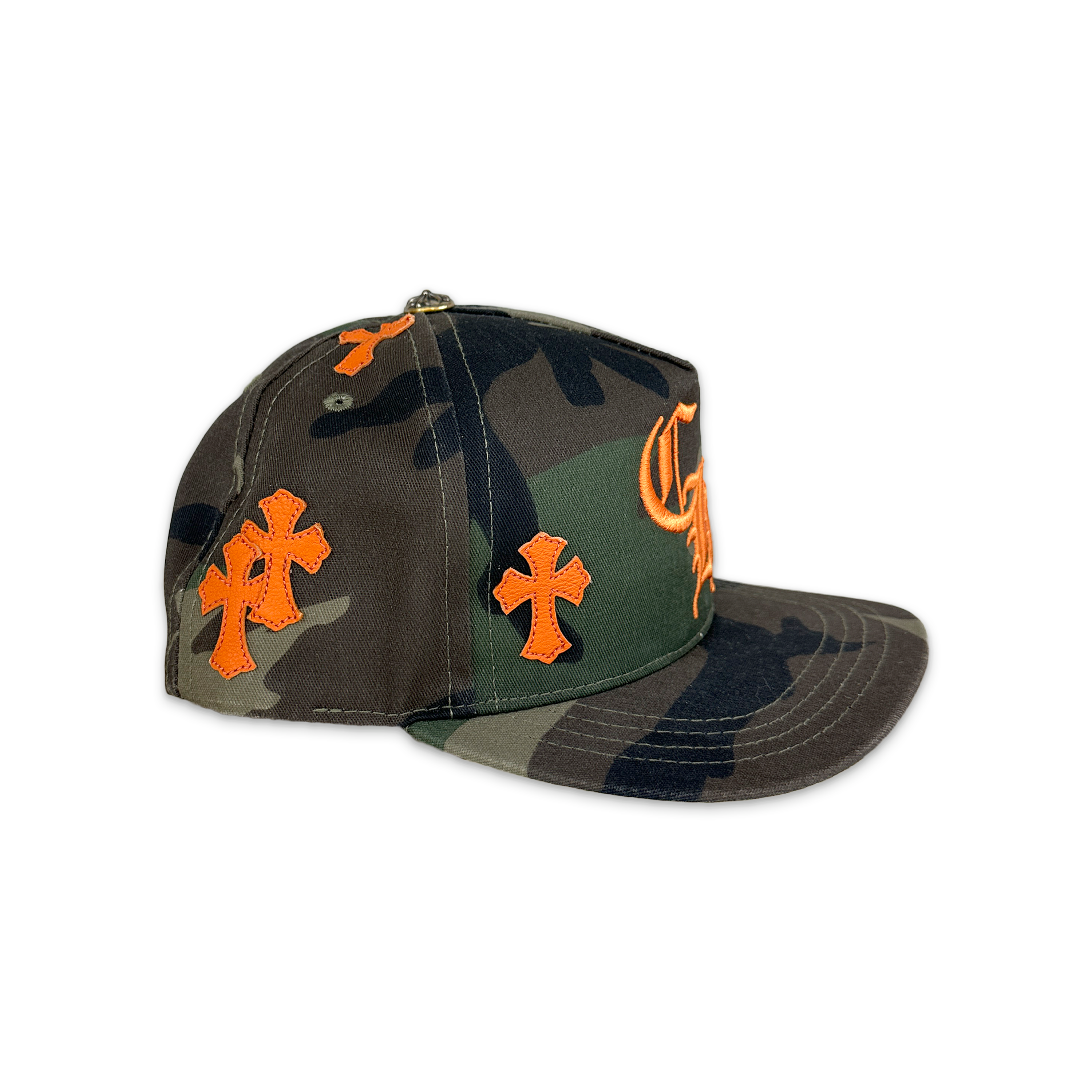Chrome Hearts, Orange Leather Crosses Snapback Hat "Camo"