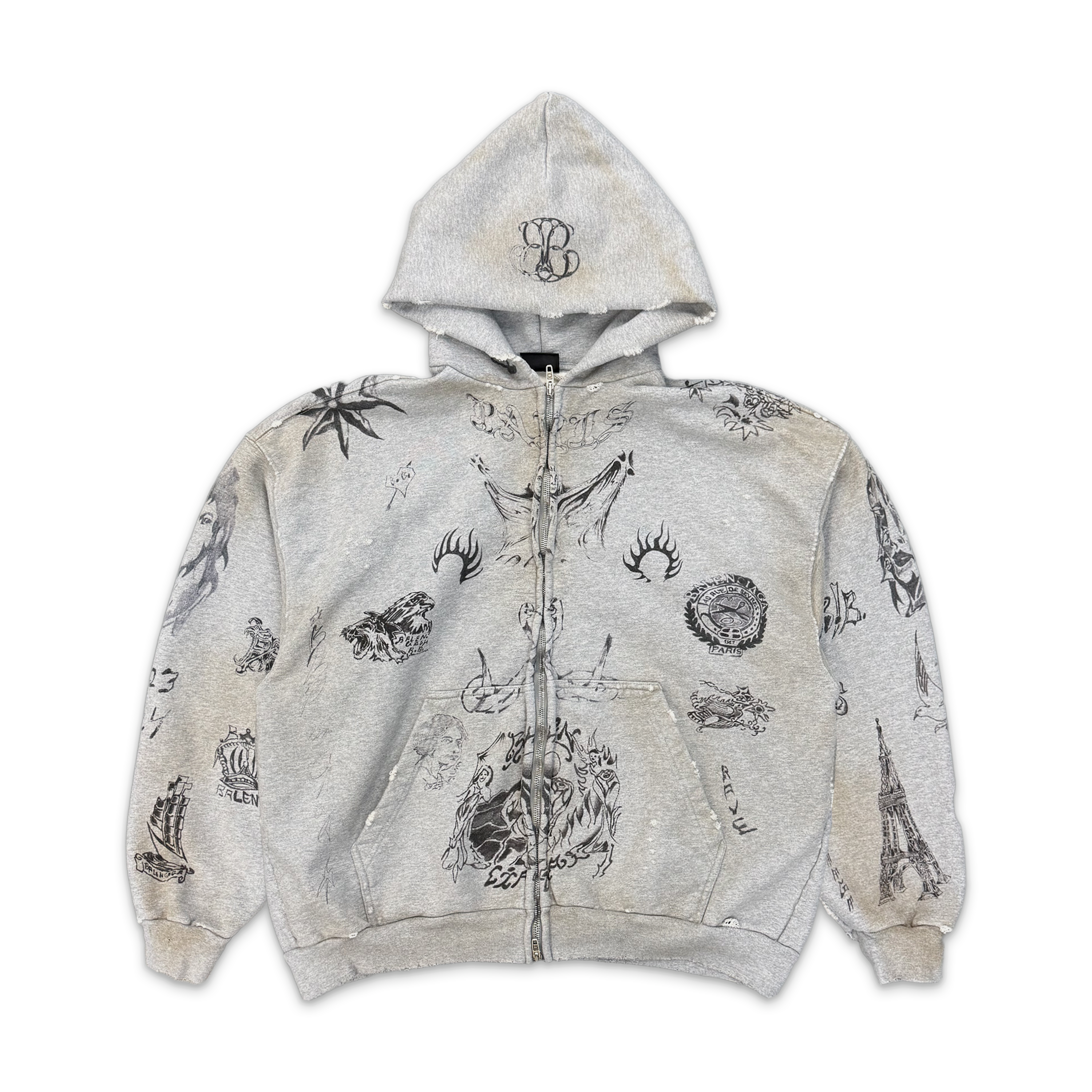 Balenciaga, Tattoo Zip-Up Heavy Hoodie "Grey"