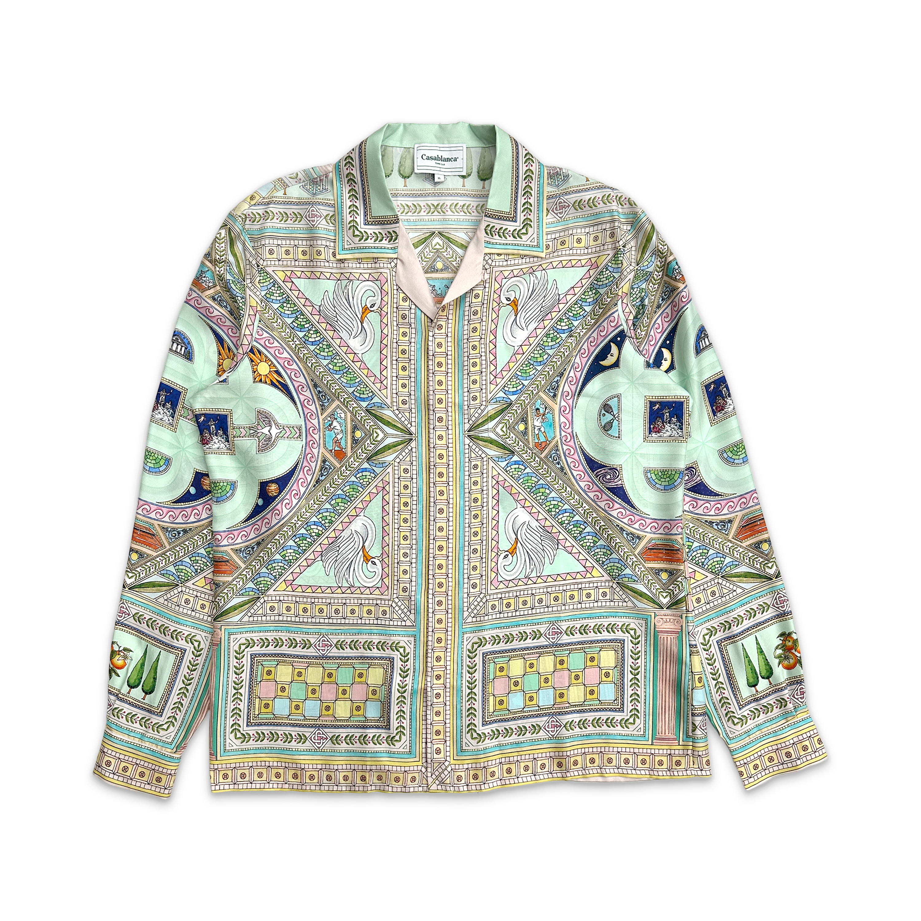 Silk Twill Cuban Collar L/S Button Up Shirt "Le Labyrinthe"