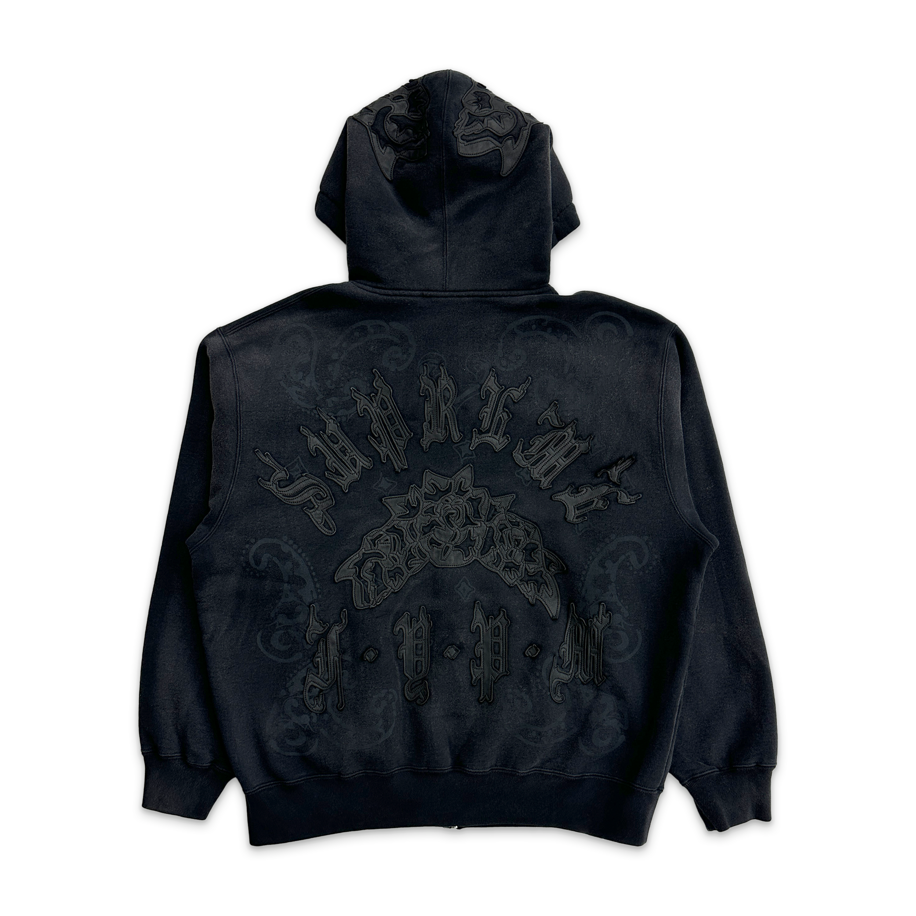 Leather Applique Zip Up Hooded Sweatshirt "Black"